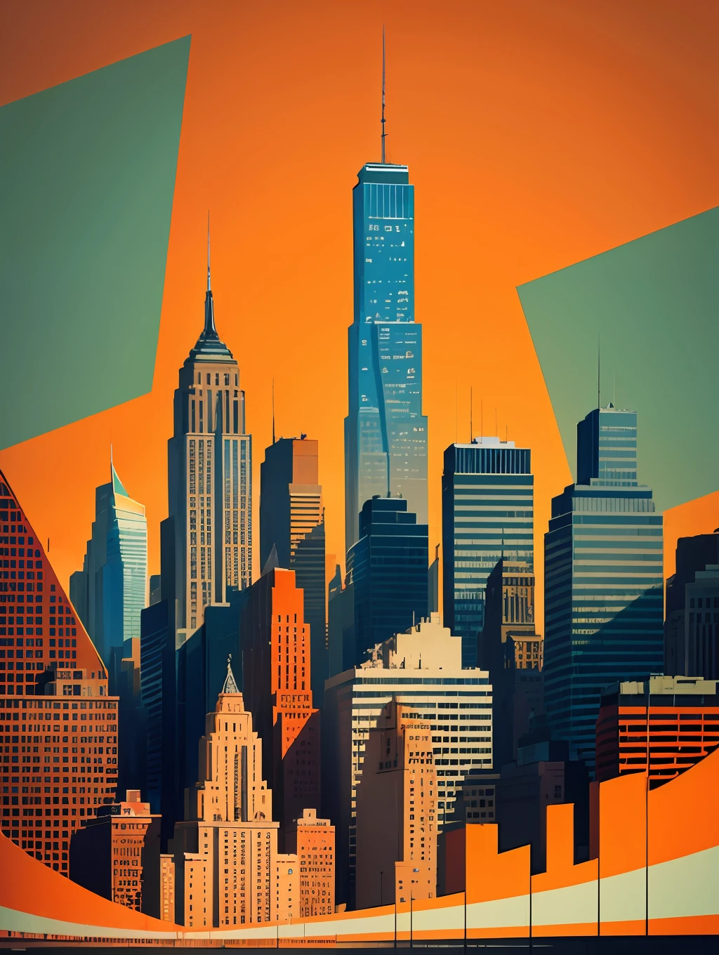 create an abstract style painting, using the buildings of New York as the main theme, in vibrant colours and orange as a background --auto --s2