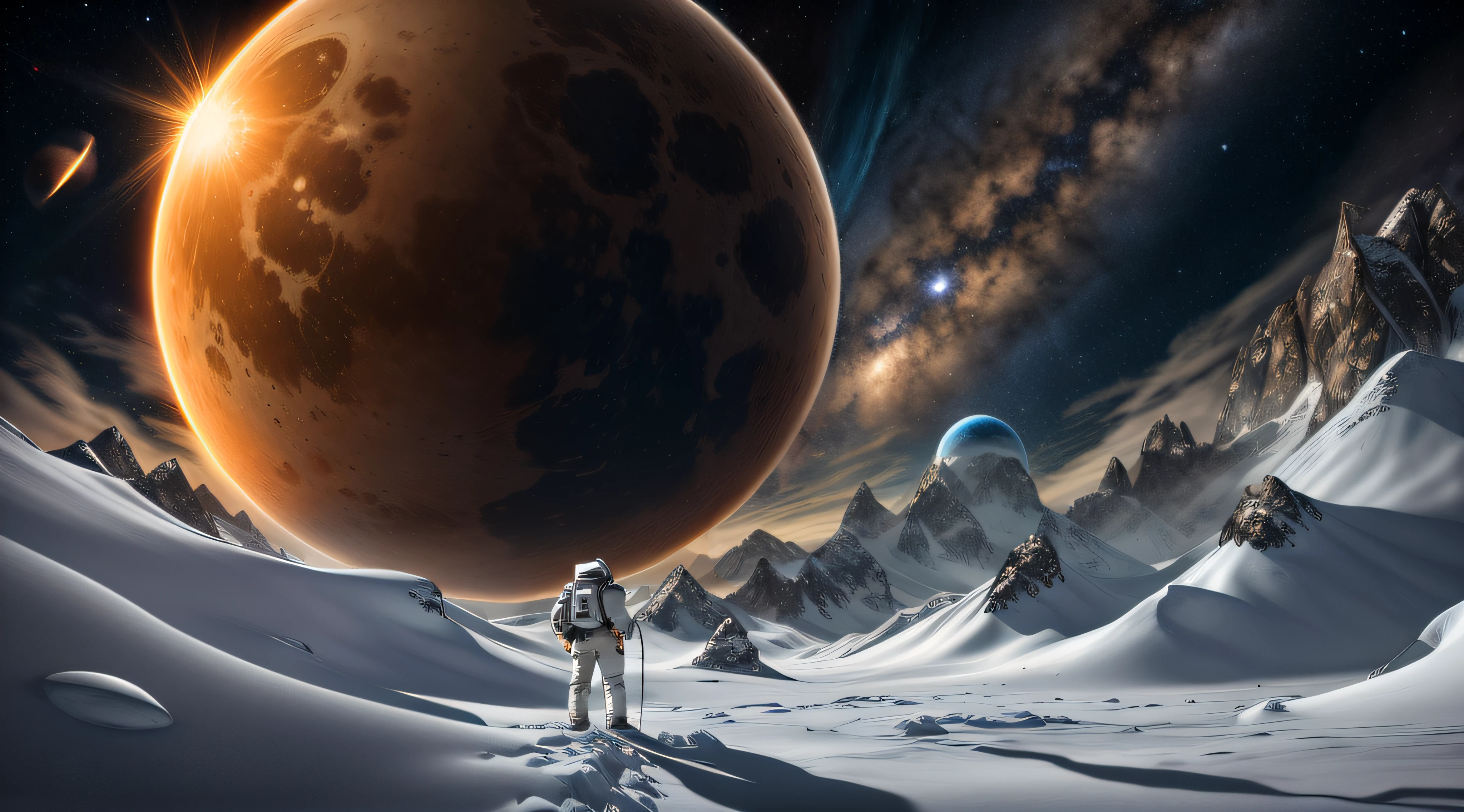 Astronauts stand on snowy surfaces,A planet in the background, astronaut stranded on planet, standing on a martian landscape, on another planet, walking across ice planet, space landscape, stunning alien landscape, an alien landscape view, on a far planet, large planets in the background, alien surface planet, across an alien landscape, amazing alien landscape, Beautiful alien scenery dark night sky