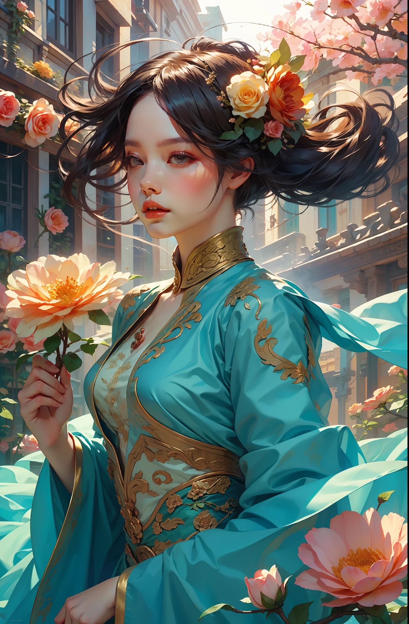 Best quality,masterpiece,ultra high res,(photorealistic_1.4),,solo,1girl,_,baihuaniang,Flowers,Flowers,Soft sunlight,Wind,Flying