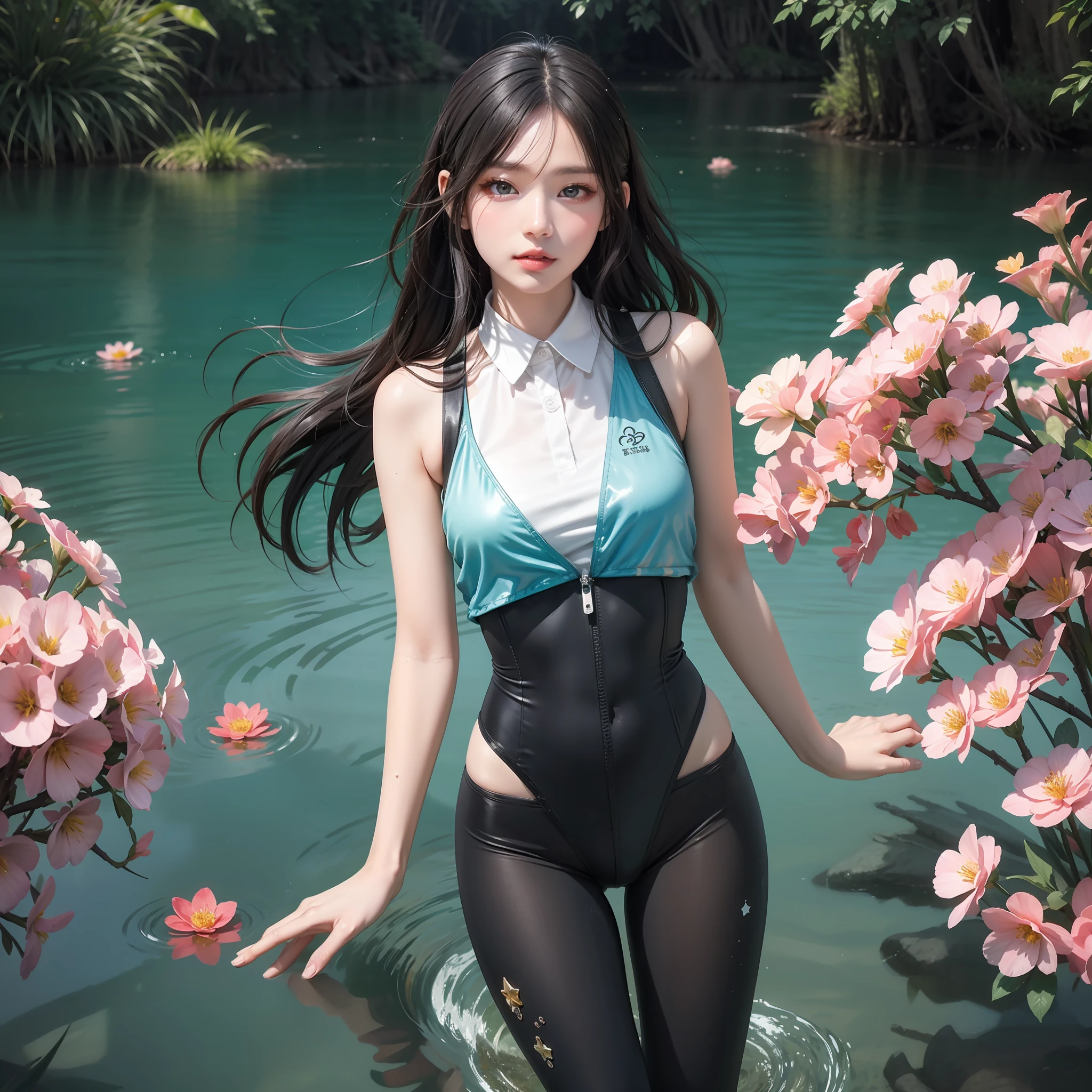 Sparkling lake,Trees overgrow,A hundred flowers argue。
Beautiful girl,Flowing hair and crystal clear lake water,untidy,Flowing,melt,Water mist effect,Elegant blue gradient,intricated,octane rendered,Depth。Graceful,Graceful,Small man's waist,Vest line,Long legs。
Fitted with a suspender pocket,Colorful swimming trunks,Sexy tights。
Detailed eyes,Starry eyes,shiny glistening eyes,incredible detail,Extreme close-up,The ultra-Realistically,muted colors,Baohe style painting,Transparent fragments,air bubbles,Flowing beads,Everything melts and flows,Fractal,8K