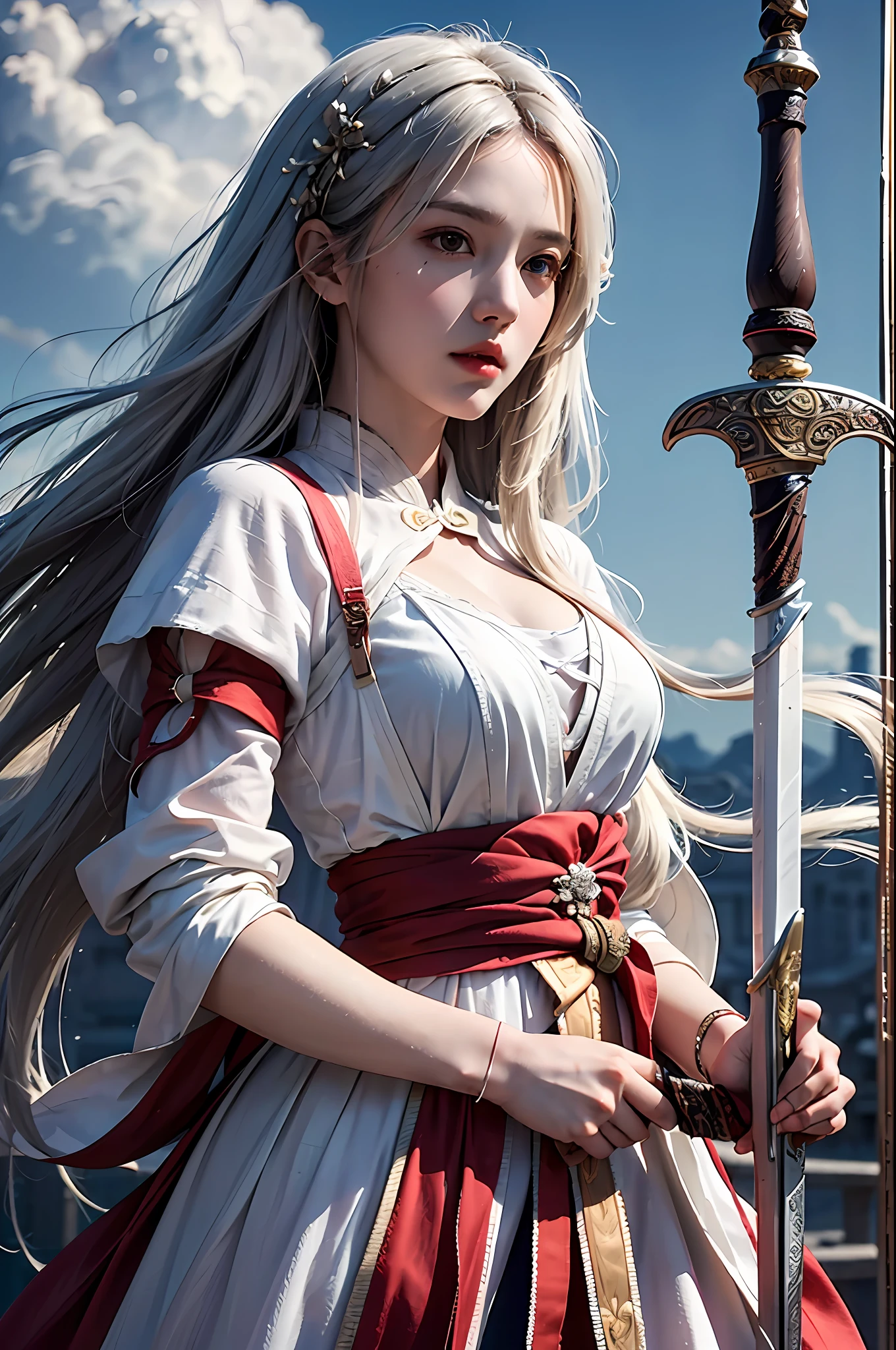 best quality, masterpiece, ultra-detailed, detailed light, (RAW photo:1.2), (photorealistic:1.4),(masterpiece:1.3),(best quality:1.4) 1girl, weapon, sword, hair ornament, solo, waist up, long hair, sky, dress, holding, holding weapon, holding sword, armor, cloud, chinese clothes