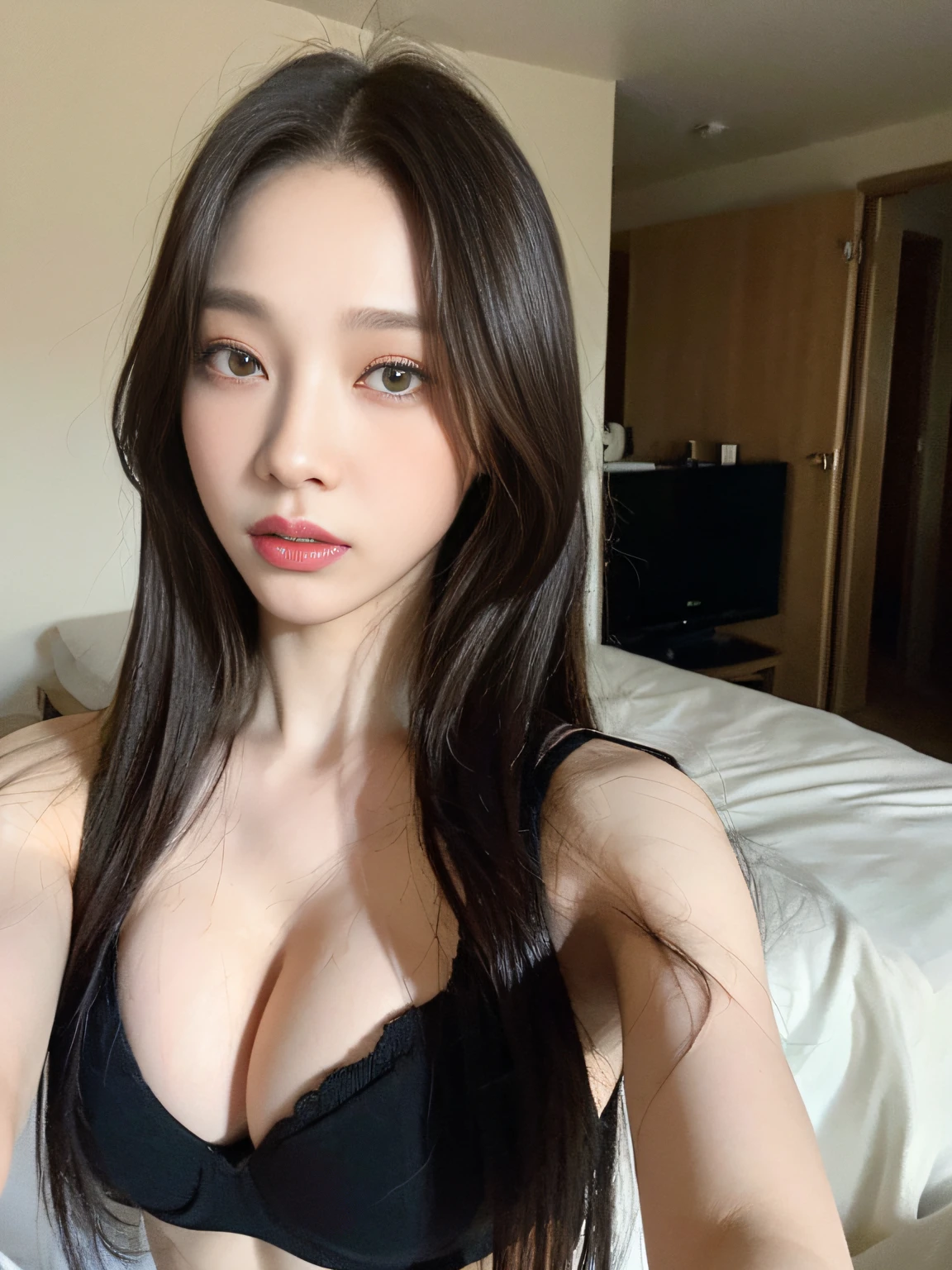 ((Top image quality、in 8K、The Masterpiece:1.3))、a beautifu、Hidden Face、a beautifu:1.3、Slender abs:1.1、Black bra、long-hair、(sitting on a bed)、Super Definition Face、High fine lips、Dense order、Double eyelidd、Emphasized cleavage、Girl taking selfie alone