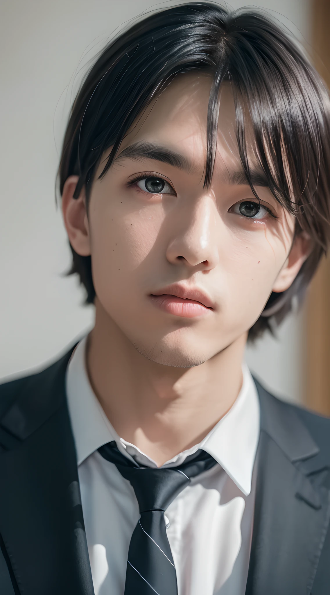 (masterpiece, best quality, raw photo, absurdres, 8k, 50mm:1.2), award winning portrait, beautiful boy, close up, black suit, necktie, diffused lighting, film grain, chromatic aberration
