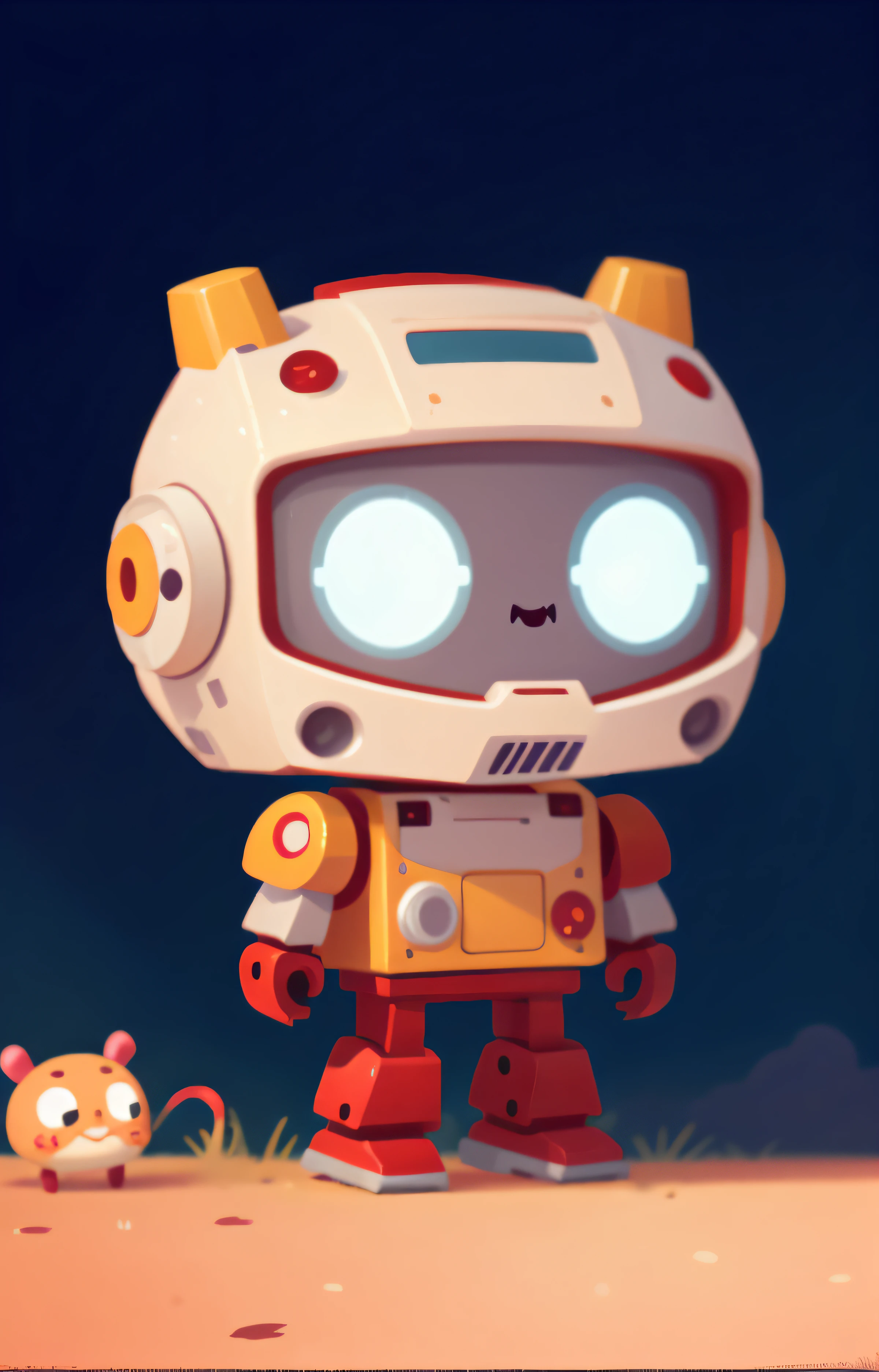 Red and white cartoon robot close-up, complete hands, mini cute robot, high quality character design, animated character, full body character, full body character design, character standing walking, professional character design, game character design, full body single character, 2D illustration, 2D illustration, cute character, male protagonist 👀: 8, white background