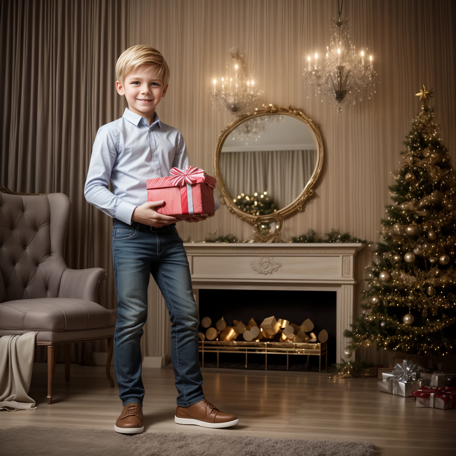 One Boy, Big gift in hand, Full body photo, Interior background, Blonde hair, ultra realist, Cinematic lighting, eye level shot, Canon, Wide-Angle, Ultra HDR, Masterpiece, ccurate, high - resolution, Best quality, Super detail, high-detail