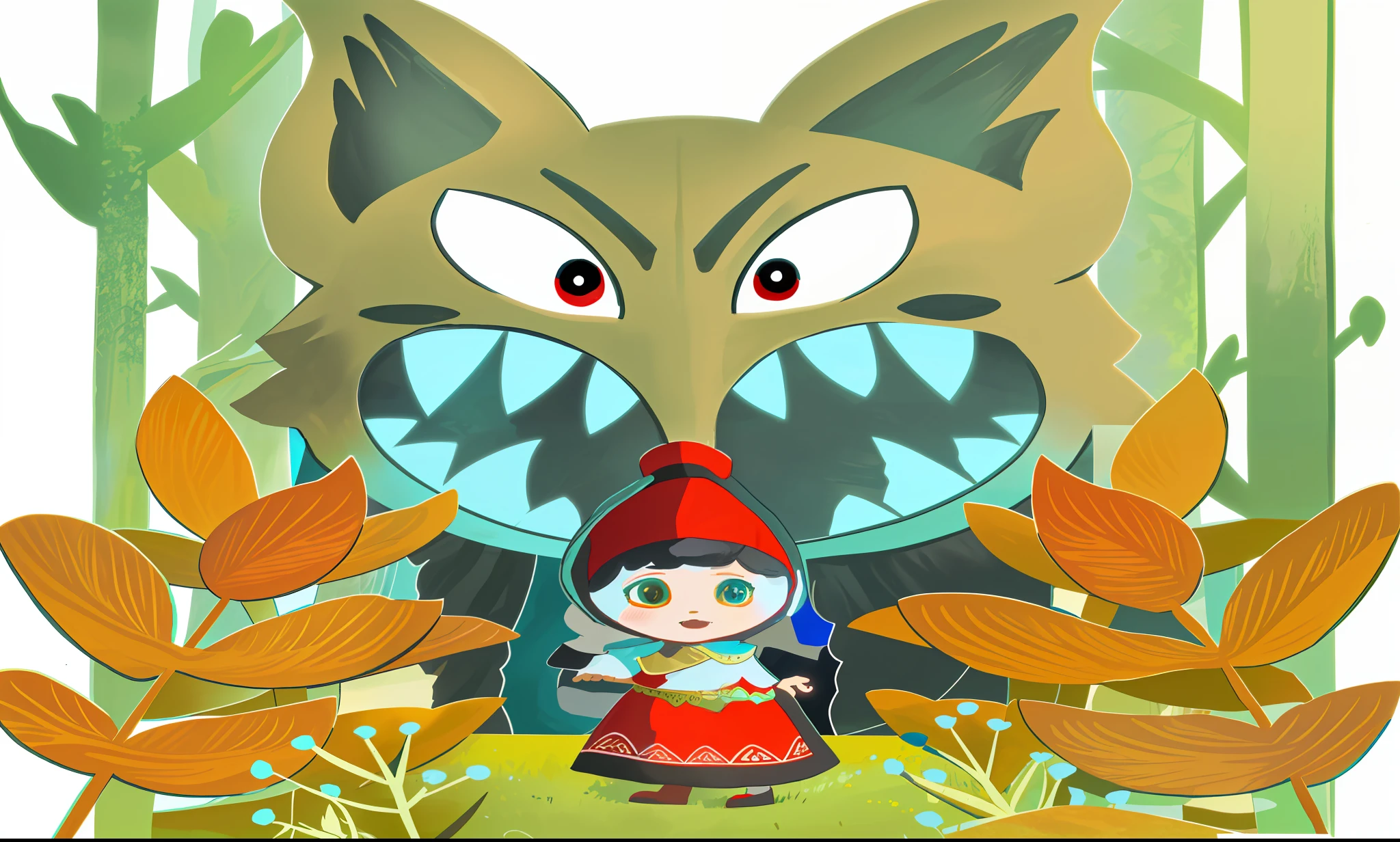 (The Masterpiece,Top quality,best qulity,officlal art,Beautiful and aesthetic:1.2),there is a cartoon picture of a little girl and a big wolf, big bad wolf, red riding hood, fairy-tale illustration style, woods,cute-style