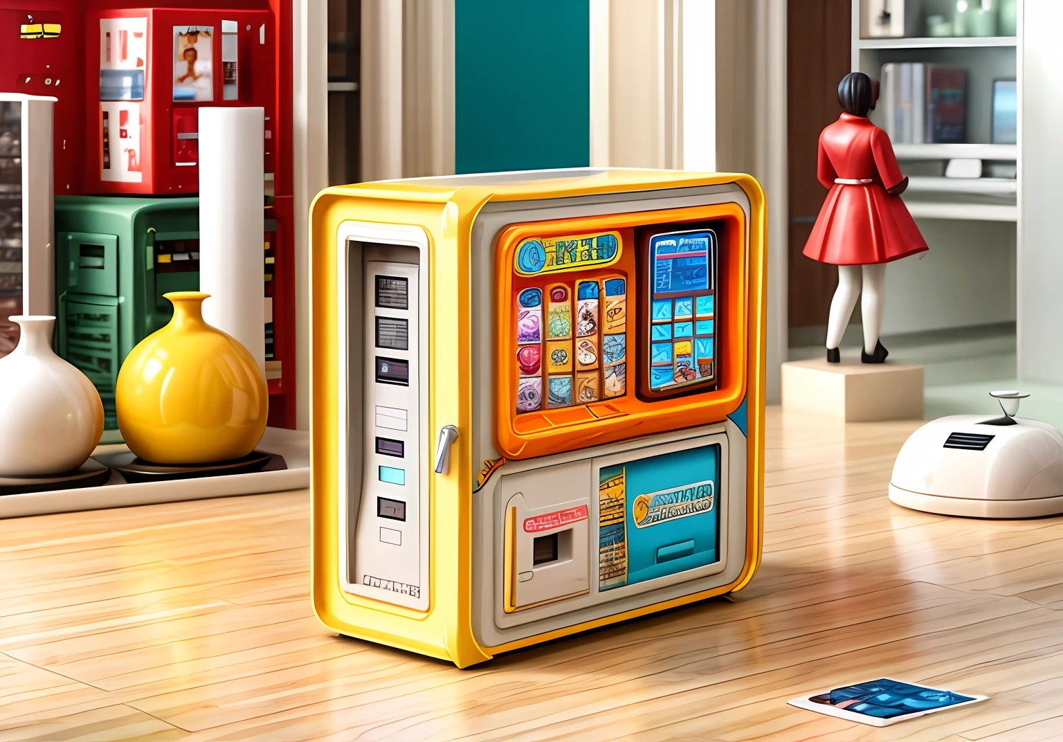Close-up of gacha blind box with display,The fuselage has elements of gacha,vending machines,sci-fi vending machine,3D product rendering,There can be some specific description scenes on the machine,NP, some people go to the gacha machine to buy some gacha blind boxes,Or some mix of elements that describe the gacha scene class, product render,Stylistic reference cute,Iconic elements of fashion,There are reasonable ones on the fuselage, such as gacha,Blind box,And so on and so forth,The overall color is mainly black and yellow,Color distribution is 50 each%,The gacha blind box class has a little more elements,A little diversified