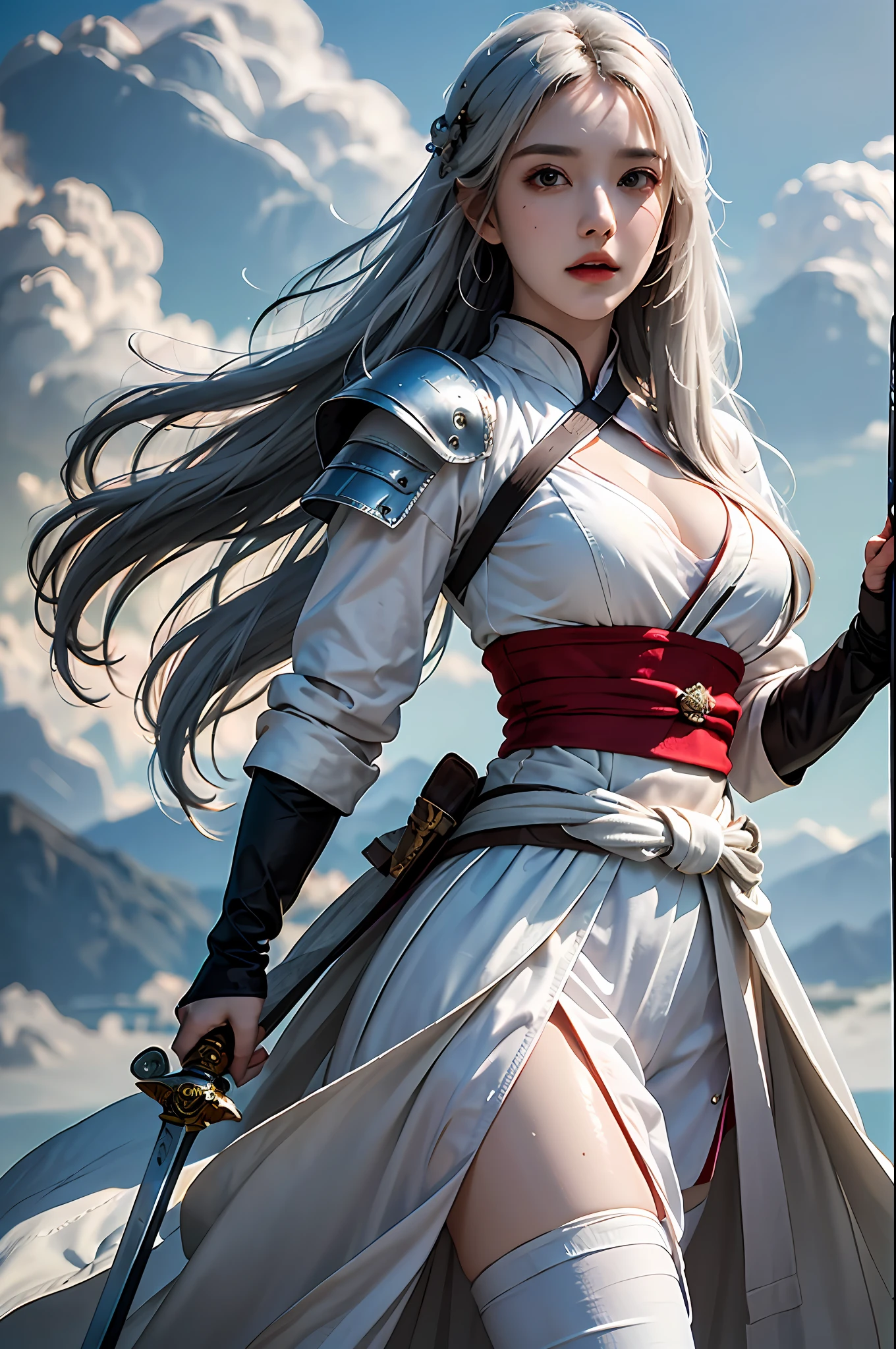 best quality, masterpiece, ultra-detailed, detailed light, (RAW photo:1.2), (photorealistic:1.4),(masterpiece:1.3),(best quality:1.4) 1girl, weapon, sword, hair ornament, solo, waist up, long hair, sky, dress, holding, holding weapon, holding sword, armor, cloud, chinese clothes