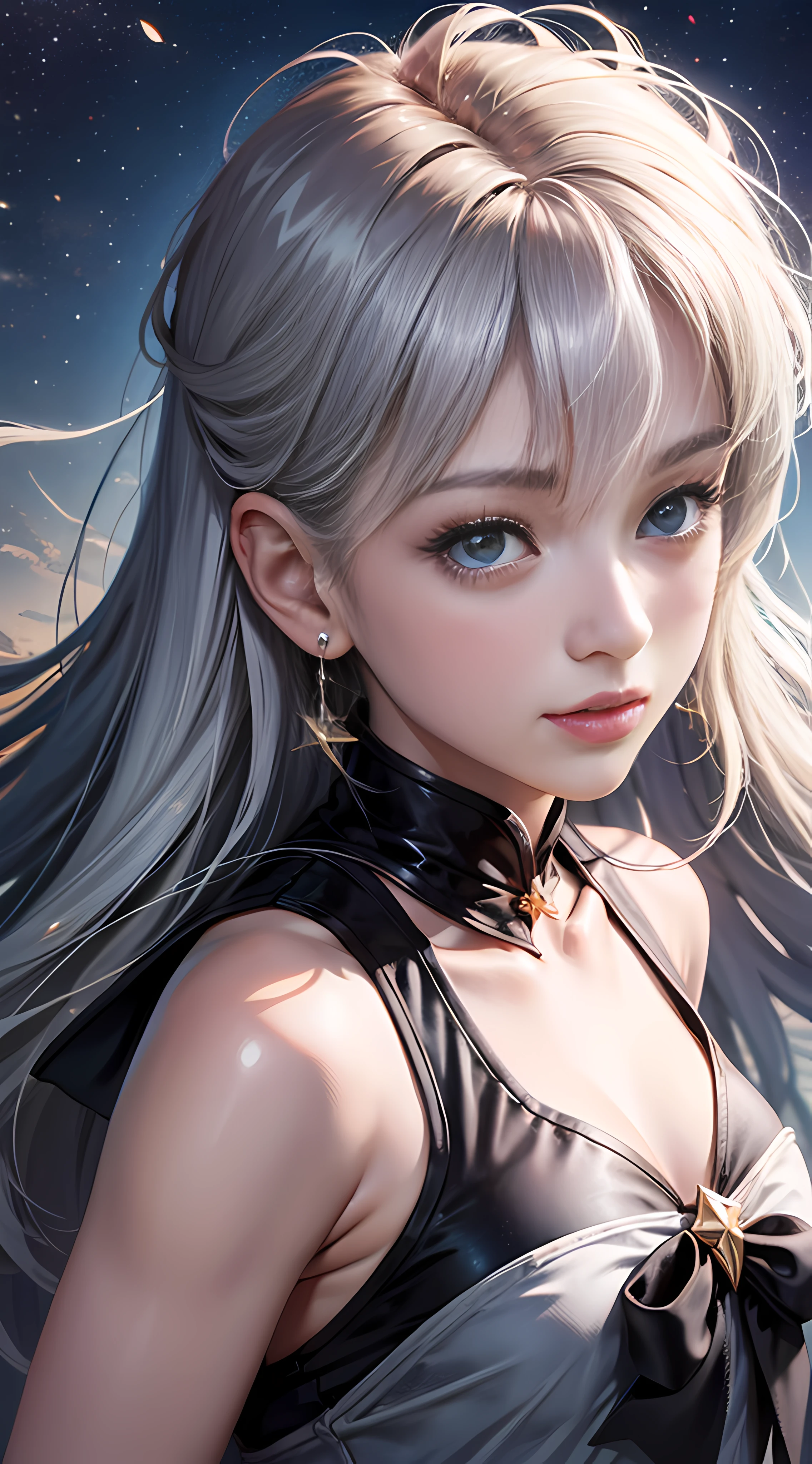 Ultra high quality，8K，Don't miss your fingers，1girls，Sailor Moon，Silvery hair，Princess Gao Leng，Close-up of the head，the sun is shining wide shot