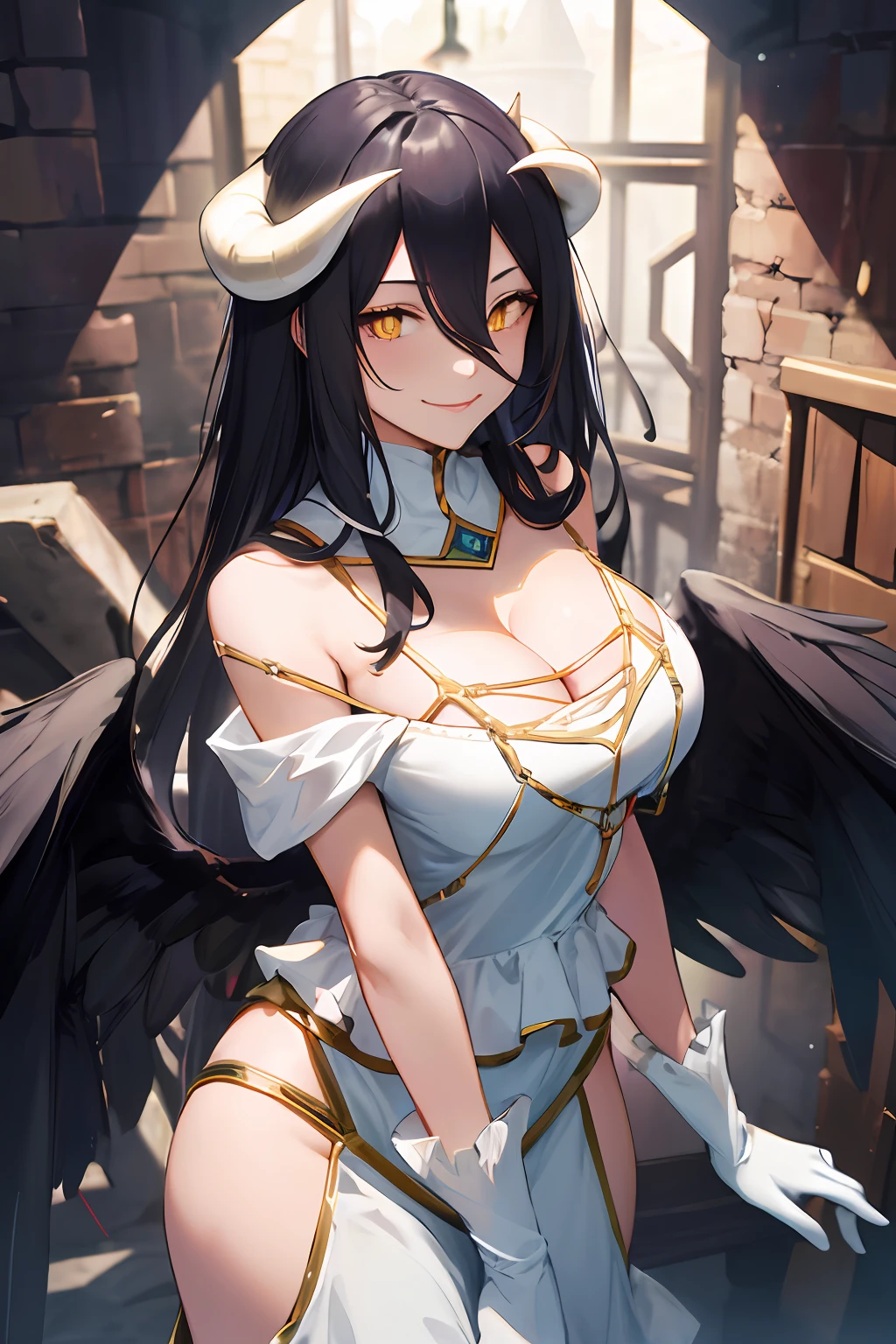 masterpiece, best quality, highres, al1, demon horns, slit pupils, white gloves, white dress, bare shoulders, detached collar, cleavage, black wings, feathered wings, low wings, cowboy shot, standing, smile, dungeon, evil smile,