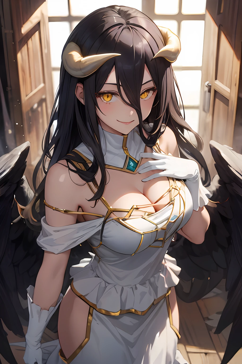 masterpiece, best quality, highres, al1, demon horns, slit pupils, white gloves, white dress, bare shoulders, detached collar, cleavage, black wings, feathered wings, low wings, cowboy shot, standing, smile, dungeon, evil smile,