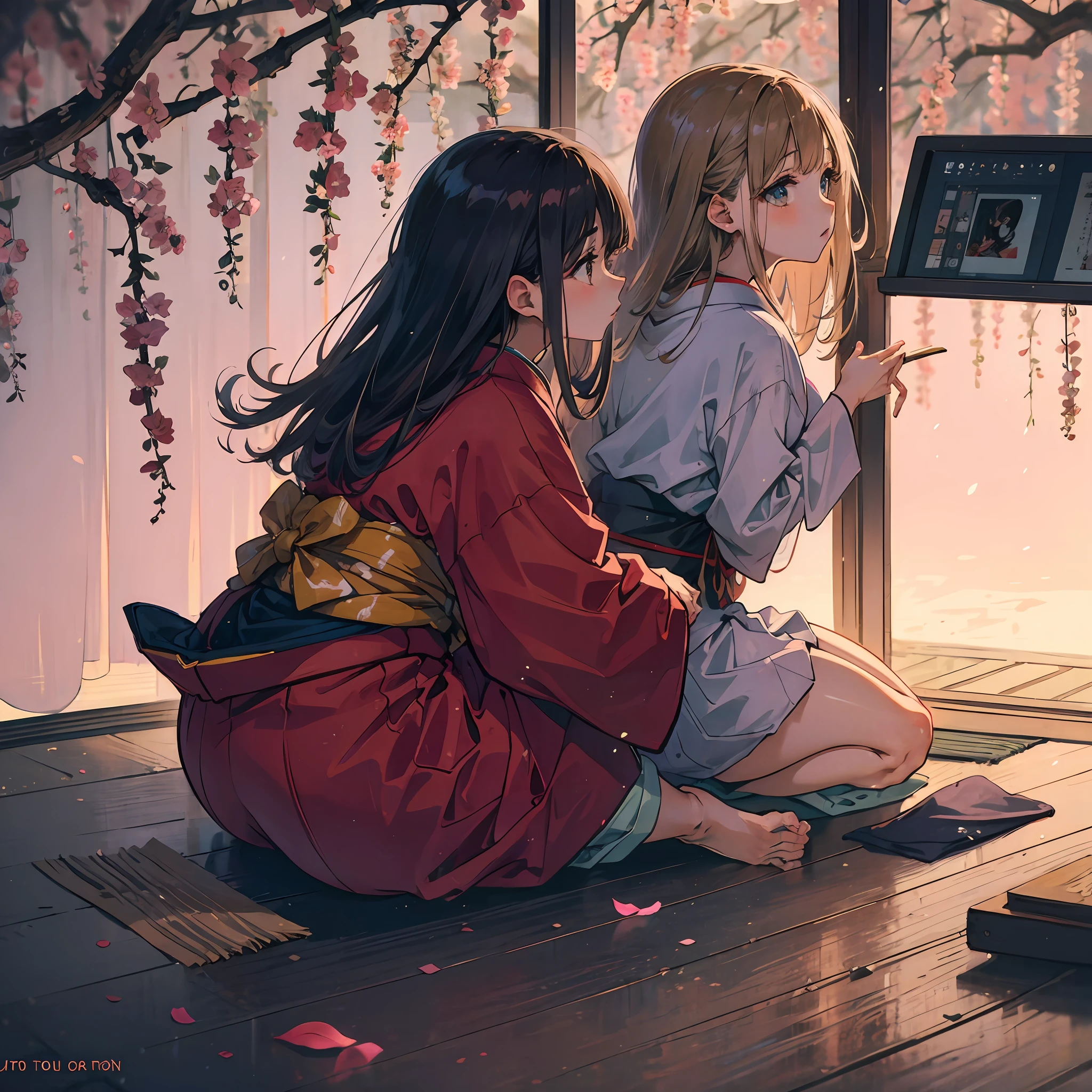 A teenage girl,A girl in a kimono kneeling on the floor,Japanese etiquette,Side viewing angle,Side view view,See the legs,Smooth and delicate --auto