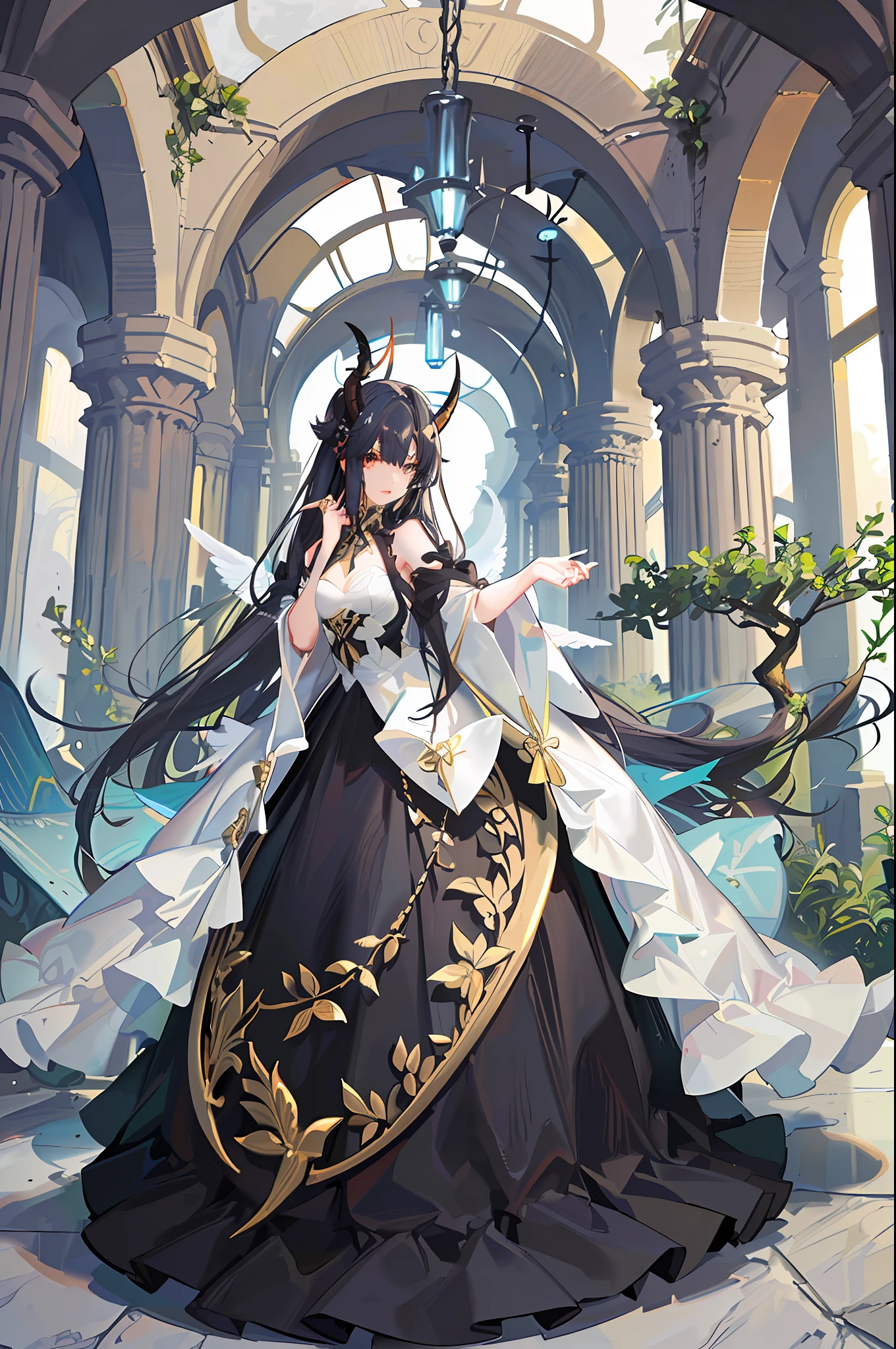 (Golden Ratio:1.2),[(white background:1.4)::10],(masterpiece), (best quality), (ultra detailed),(disheveled hair),(illustration),(1girl:1.3),solo,full body,tall and silm female,medium breasts,(celadon hair:1.3),(long messy hair),black eyes,(/blue skin:1.1/),(demon horns:1.3)+(angel wings:1.3)+(dark_halo:1.1),((long dress with gold trim:1.2)),greek god,(Hands hold soil with a sapling in it:1.3),(standing on broken stone floor:1.2)+(Ivory white temple load-bearing columns:1.3)+[(Inception:1.2)]