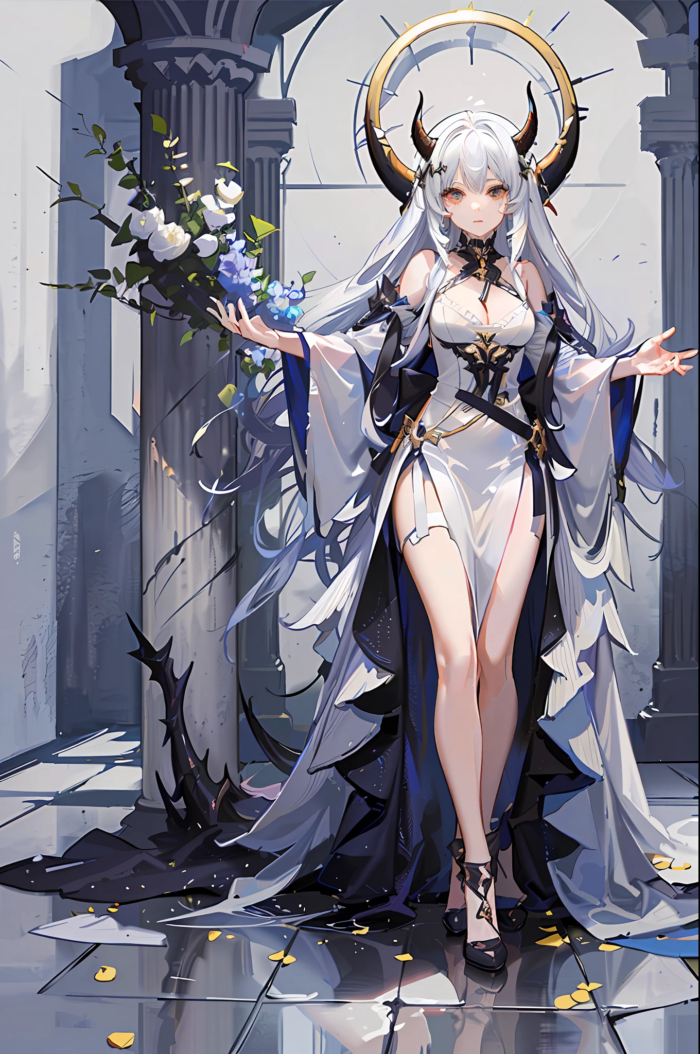 (Golden Ratio:1.2),[(white background:1.4)::10],(masterpiece), (best quality), (ultra detailed),(disheveled hair),(illustration),(1girl:1.3),solo,full body,tall and silm female,medium breasts,(celadon hair:1.3),(long messy hair),black eyes,(/blue skin:1.1/),(demon horns:1.3)+(angel wings:1.3)+(dark_halo:1.1),((long dress with gold trim:1.2)),greek god,(Hands hold soil with a sapling in it:1.3),(standing on broken stone floor:1.2)+(Ivory white temple load-bearing columns:1.3)+[(Inception:1.2)]