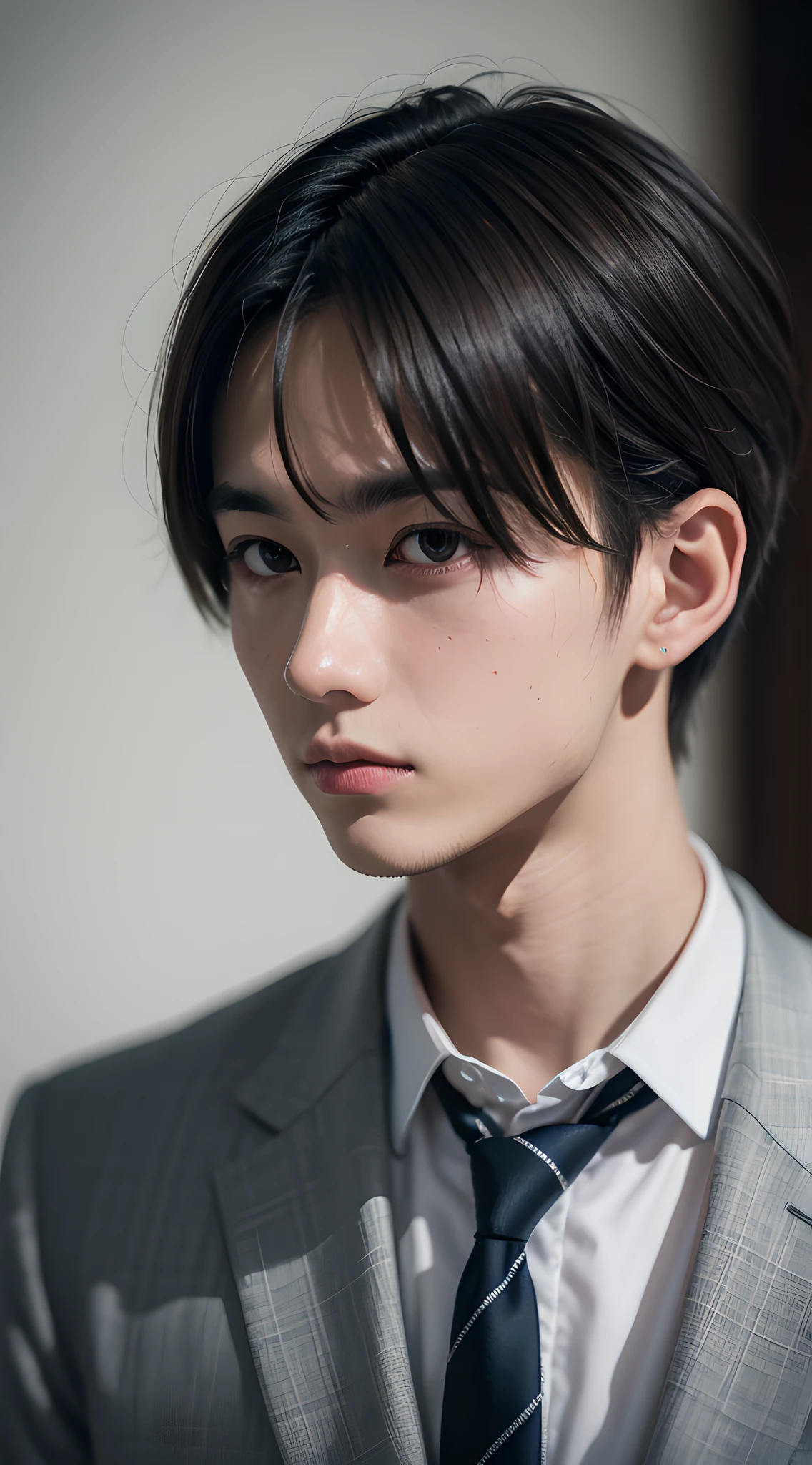 (masterpiece, best quality, raw photo, absurdres, 8k, 50mm:1.2), award winning portrait, beautiful boy, close up, blazer jacket, necktie, diffused lighting, film grain, chromatic aberration, looking at viewer