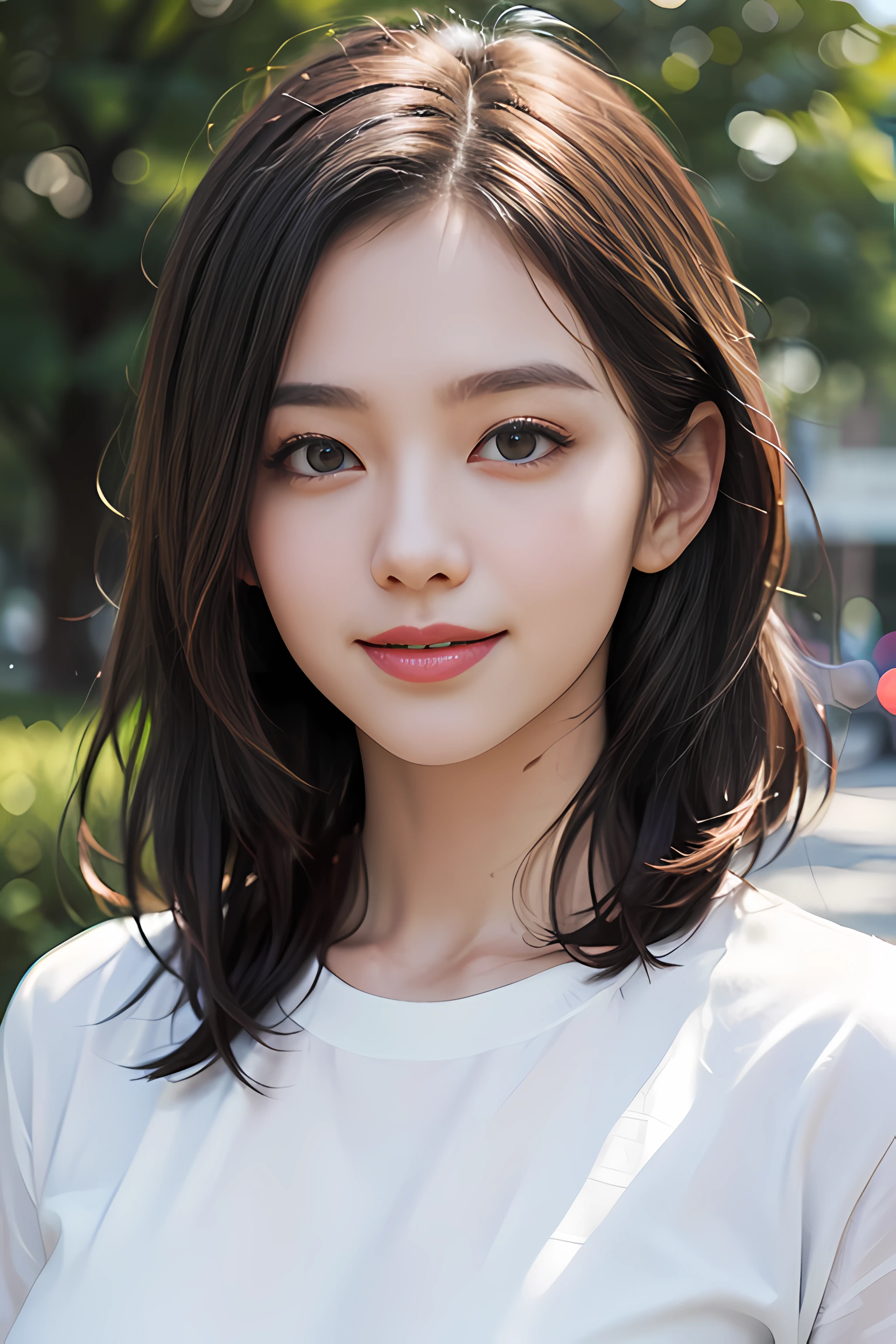 extremely detailed eyes, extremely detailed face, best quality ,masterpiece, extremely detailed, ultra-detailed, (realistic, photo-realistic:1.3), smile, (facing front), looking at viewer, white shirt, sunny day, outdoor, 1girl upperbody, dark chocolate color hair dye, bob style