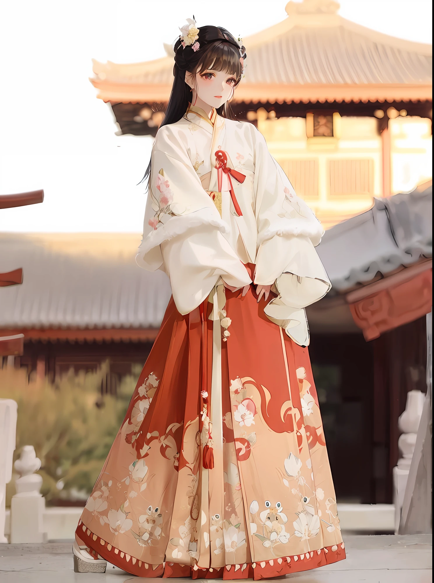 arafed woman in a traditional dress standing on a stone wall, Hanfu, White Hanfu, royal palace ， A girl in Hanfu, wearing ancient Chinese clothing, Traditional Chinese clothing, Japanese clothes, with acient chinese clothes, wearing ornate silk clothes, traditional outfit, Chinese costume, traditional outfit, traditional japanese colors, traditional chinese, red kimono with flower patterns