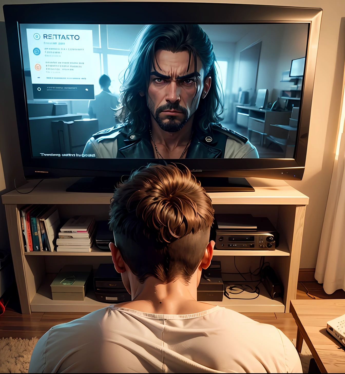 Um homem sentado, triste, from looking at a television, segurando um controle remoto, em um quarto escuro. --auto