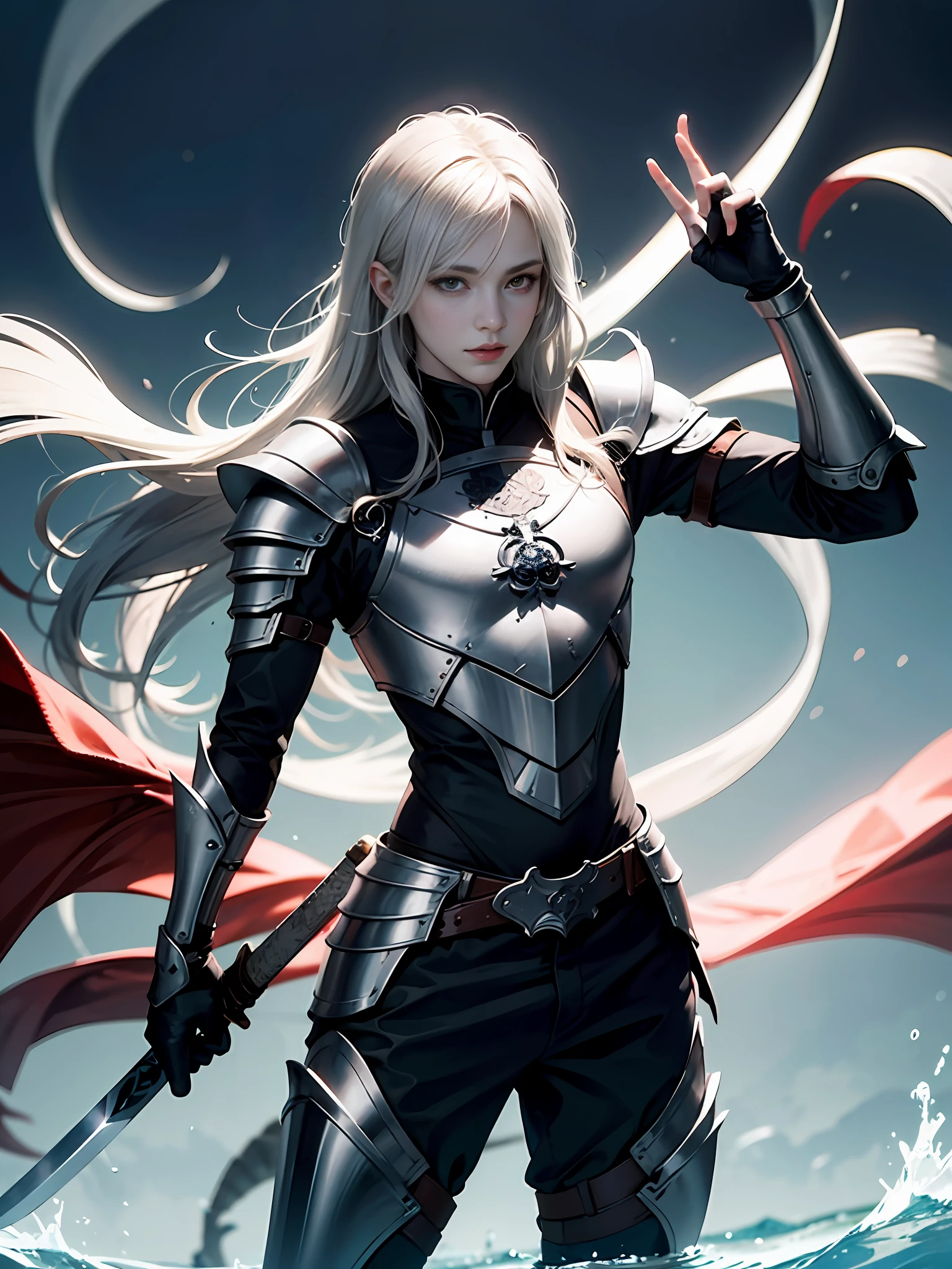 Male 1、Prince with long silver hair、Red glowing eyes and white skin、Wearing a dragon crown、The part of the black sword blade that has is、Runes are engraved from the base to the tip of the blade、Glows pale and white、Wearing monotone black armor with decorations、Two moons, white and red, float in the background