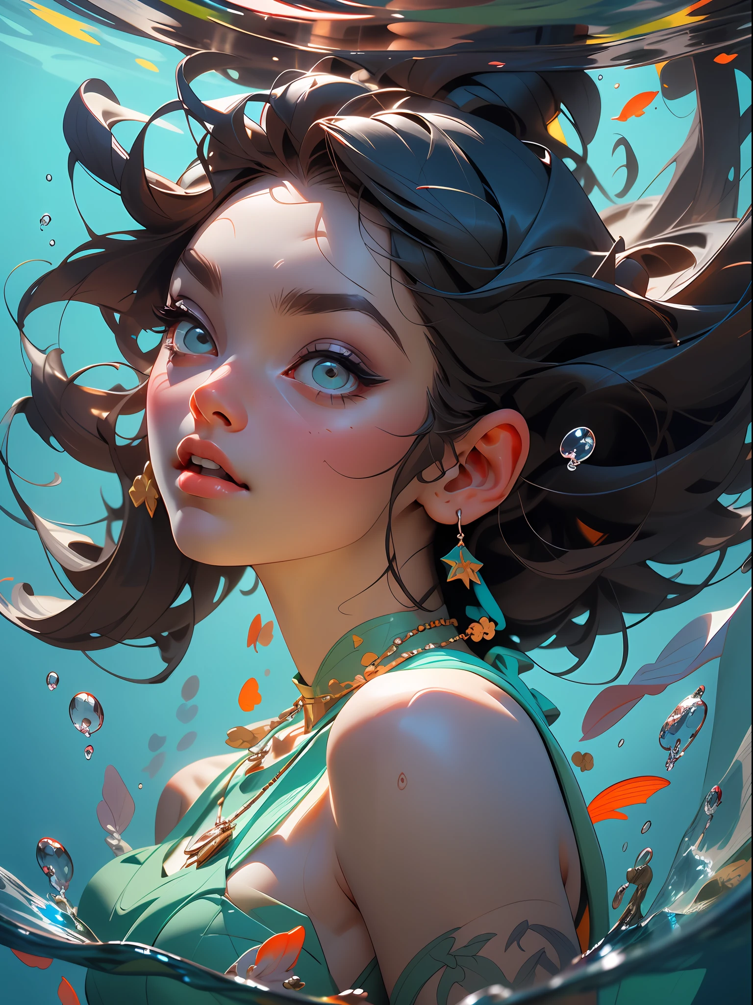 （（best qulity）），（（The Masterpiece）），（（realistically））She has（（Dark blue hair）），Close-up of the girl's face，Close-up of the face，Underwater，Bright eyes and delicate skin，Dramatic and stunning award-winning photos，Dramatic linear refinement，Shot on a Sony aiii high-resolution digital camera，Ultra-realistic skin，Very natural characteristic，She has（（Dark blue hair）），Floating necklace，Bubbles under water，Exudes an atmosphere（（Beautiful and beautiful）），erogenous，
