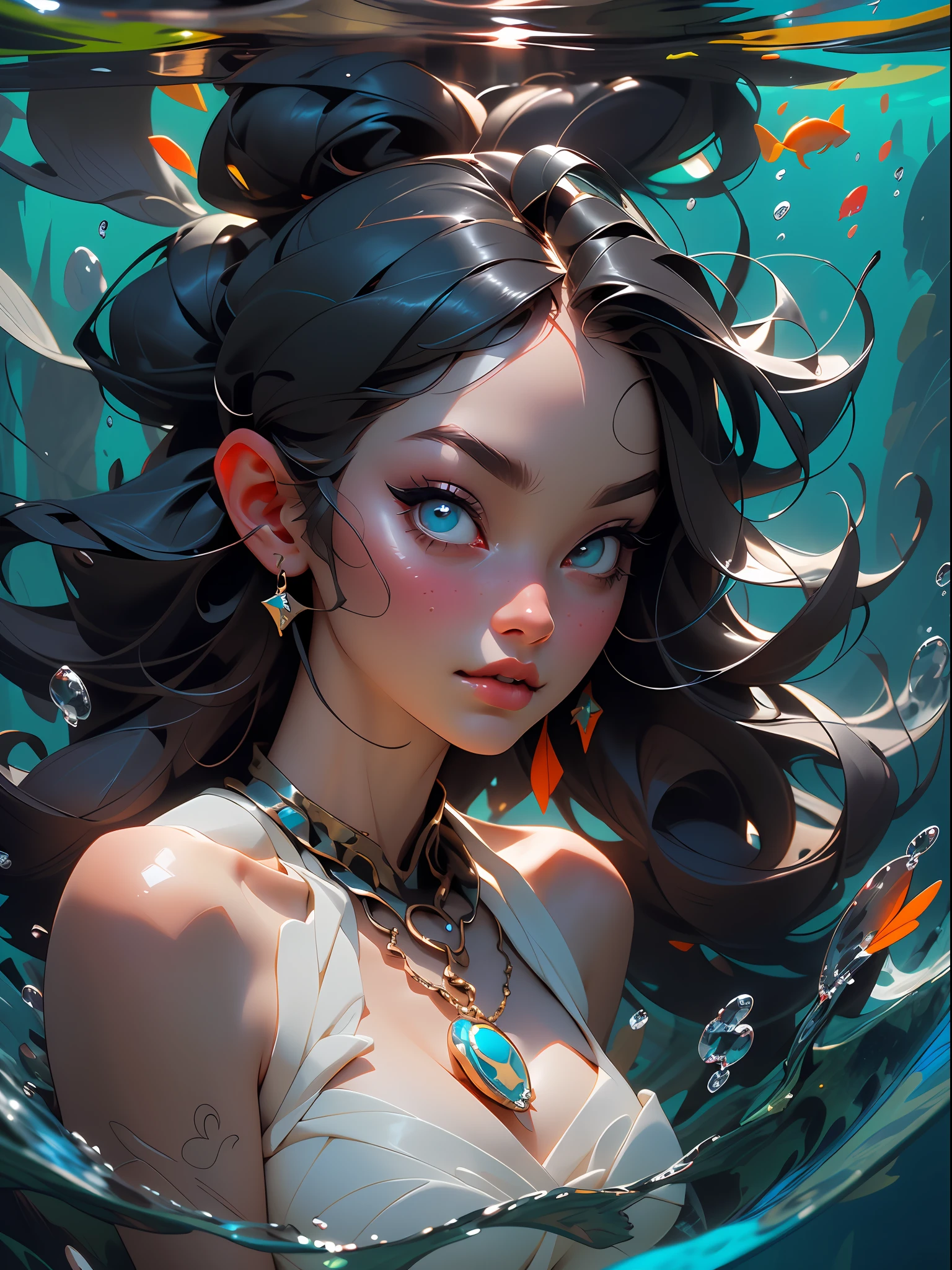 ((best qulity)),((The Masterpiece)),((realistically))She has((Dark blue hair)),Close-up of the girl's face,Close-up of the face,Underwater,Bright eyes and delicate skin,Dramatic and stunning award-winning photos,Dramatic linear refinement,Shot on a Sony aiii high-resolution digital camera,Ultra-realistic skin,Very natural characteristic,She has((Dark blue hair)),Floating necklace,Bubbles under water,Exudes an atmosphere((Beautiful and beautiful)),erogenous,