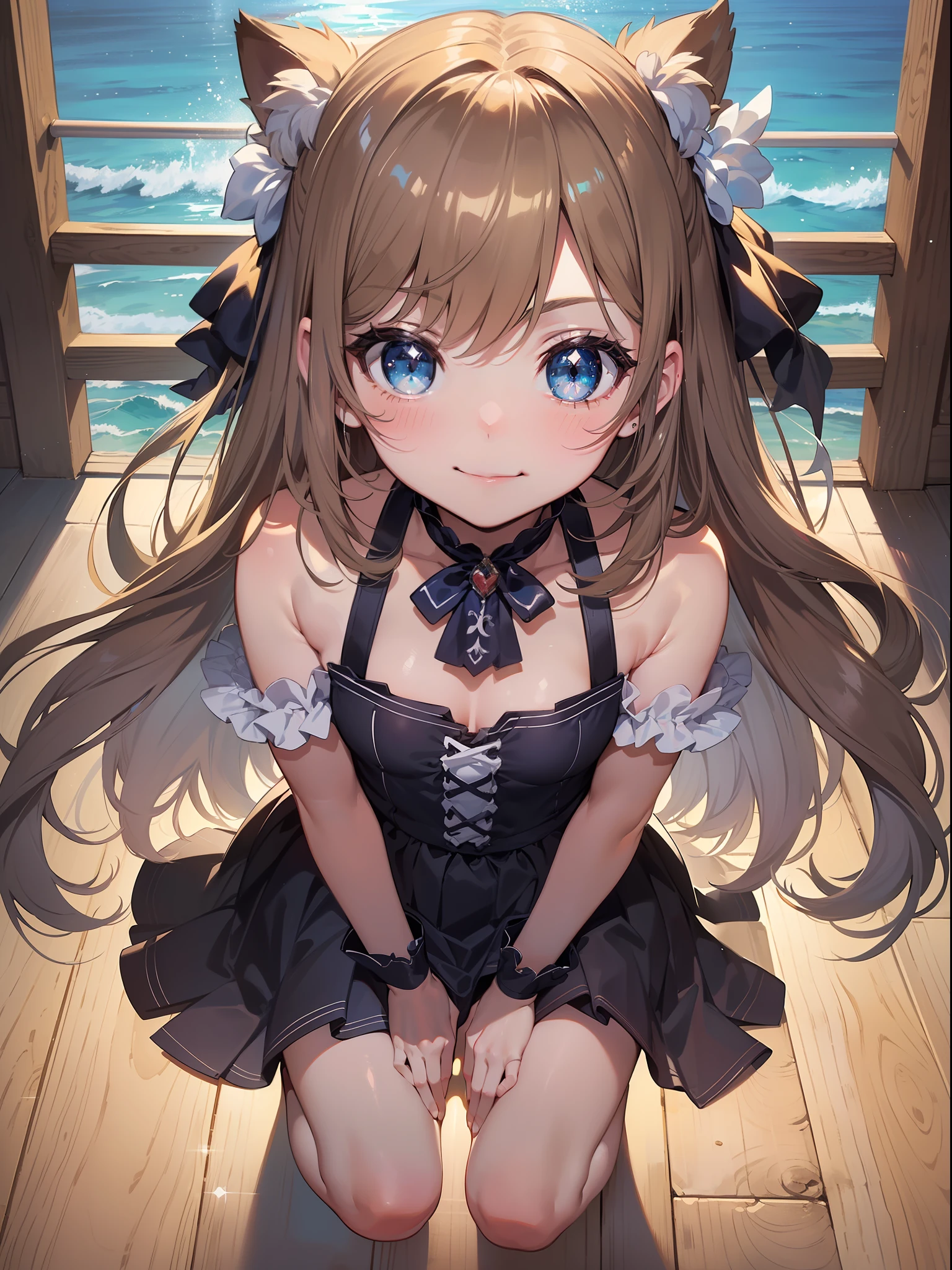 ((masterpiece)), ((Best Quality)), (Ultra-detail), ((kawaii)), Cute, (Lovely), ((Lori with appeal), (Ero), ((Extremely detailed)), 4 k, (8K), Best Quality, (Clean loli), illustration, Anime Style, painterly, Full Body, folding arms, look down from above, gradients, full body focus, In the room, ocean, a little girl, child, 独奏, pirate, beautiful light brown hair, Beautiful light blue eyes, ((Beautiful eyes)), light brown-skinned, Long hair, flat breast, tiny breast, large breast, Smile, Triumphant look, smug look, self-satisfied look, blush, sparkling effect, rainbow, shiny-glistening, gleaming, lotion, shiny