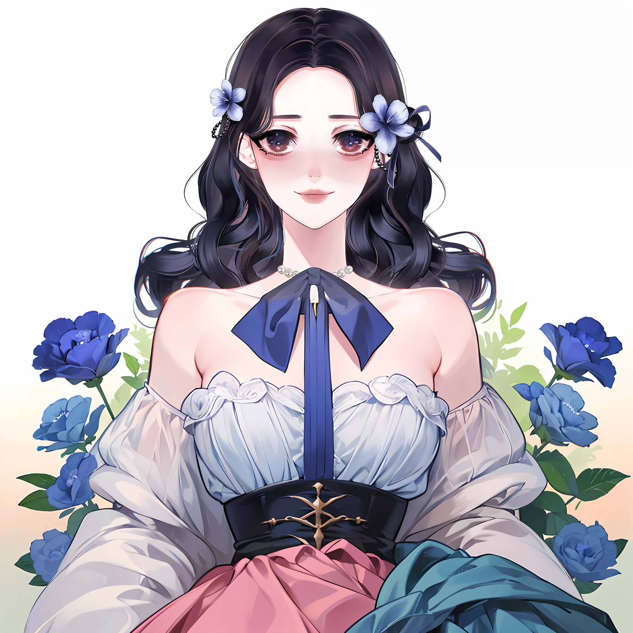 anime girl with long black hair and blue flowers in her hair, kawaii realistic portrait, in the art style of bowater, ahegao, ahegao face, detailed portrait of anime girl, detailed face ), inspired by Sim Sa-jeong, digital anime illustration, stylized portrait h 640, guweiz, high quality portrait, beautiful dress, princess