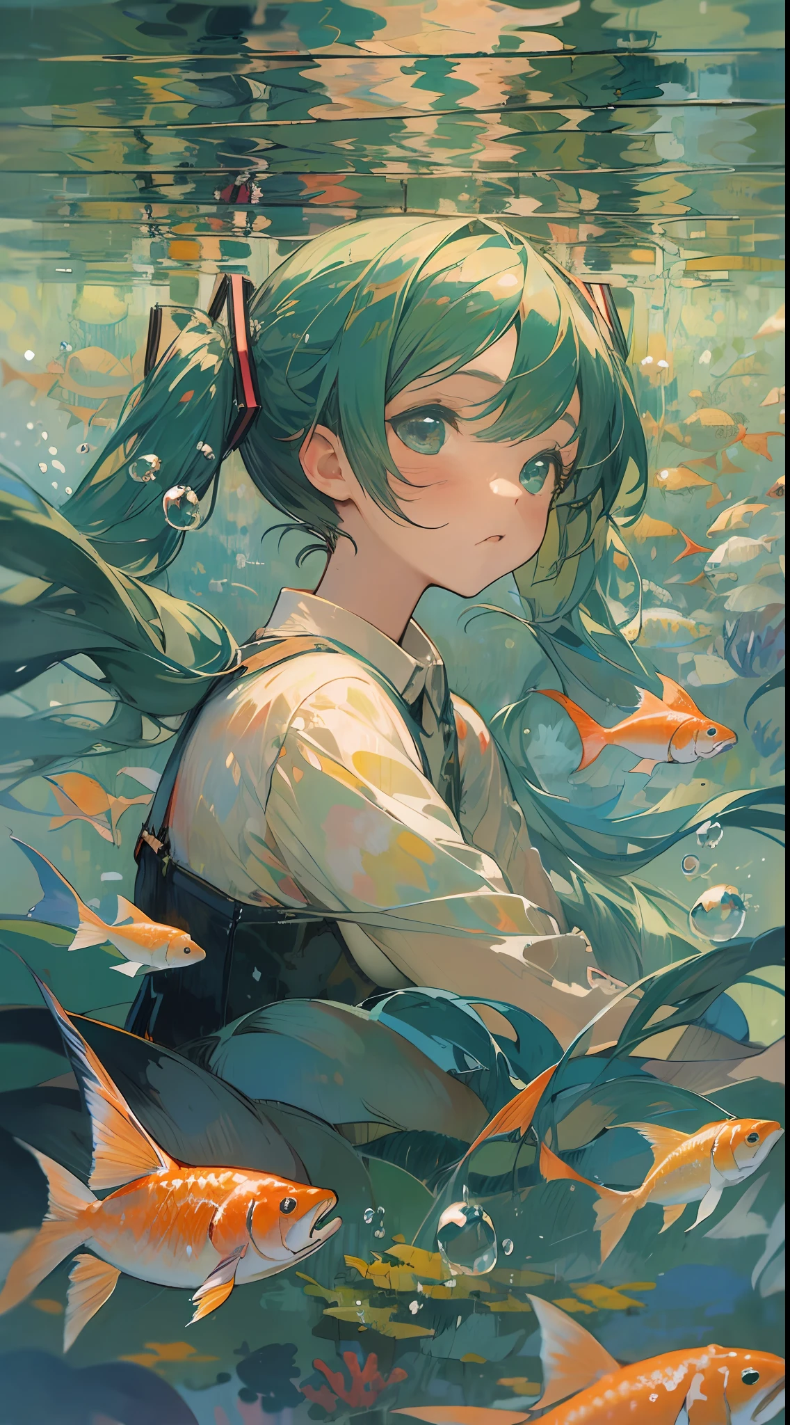 bubble, rating:safe, air_bubble, underwater, 1girl, fish, solo, water, hatsune miku,(Impressionism:1.4),