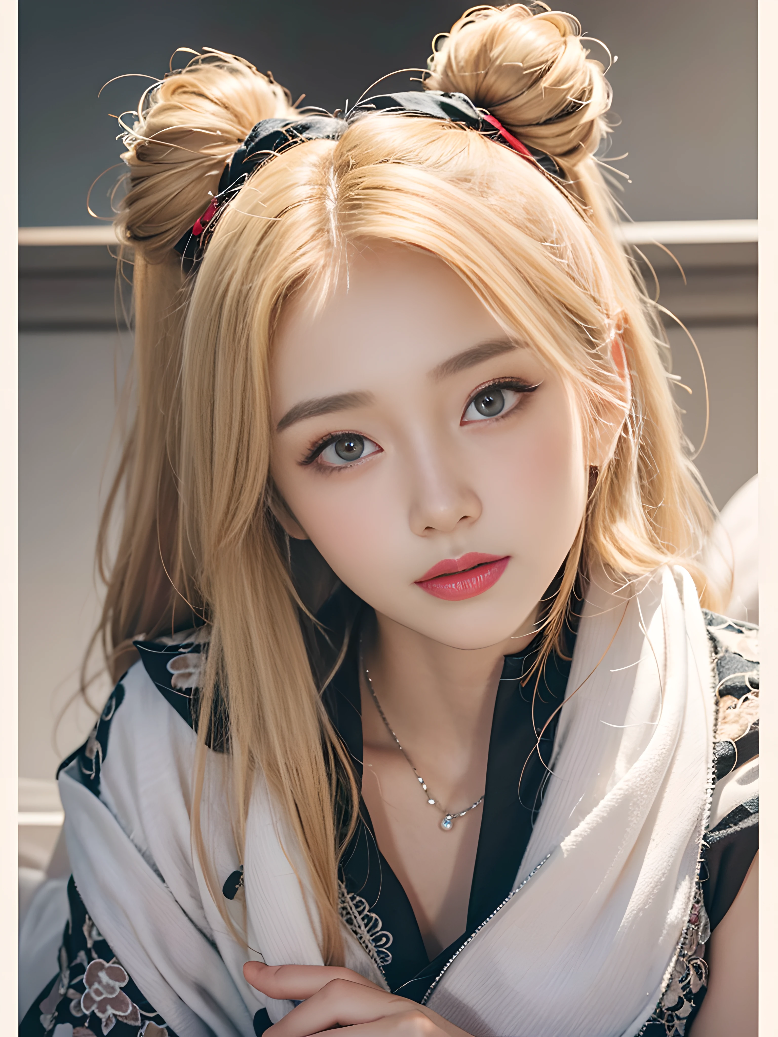 masterpiece, best image quality, high quality, beautiful woman, japanese, popular korean makeup, detailed, swollen eyes, detailed eyes, detailed skin, beautiful skin, super high resolution, (reality: 1.4), very beautiful, slightly younger face, beautiful skin, slim, (super realistic), (illustration), (high resolution), (8K), (very detailed) (best illustration), (beautiful detailed eyes), (super detailed), (wallpaper), (detailed face), looking at the audience, Fine details, detailed face, pureerosfaceace_v1, smile, look straight ahead, look straight ahead, angle from waist up, realistic photos, bright lights, professional lighting, black hair (some hair parts green), long hair, dark ruins, big red moon, gorgeous red and black dress, mature woman, long fashion bangs, blonde hair