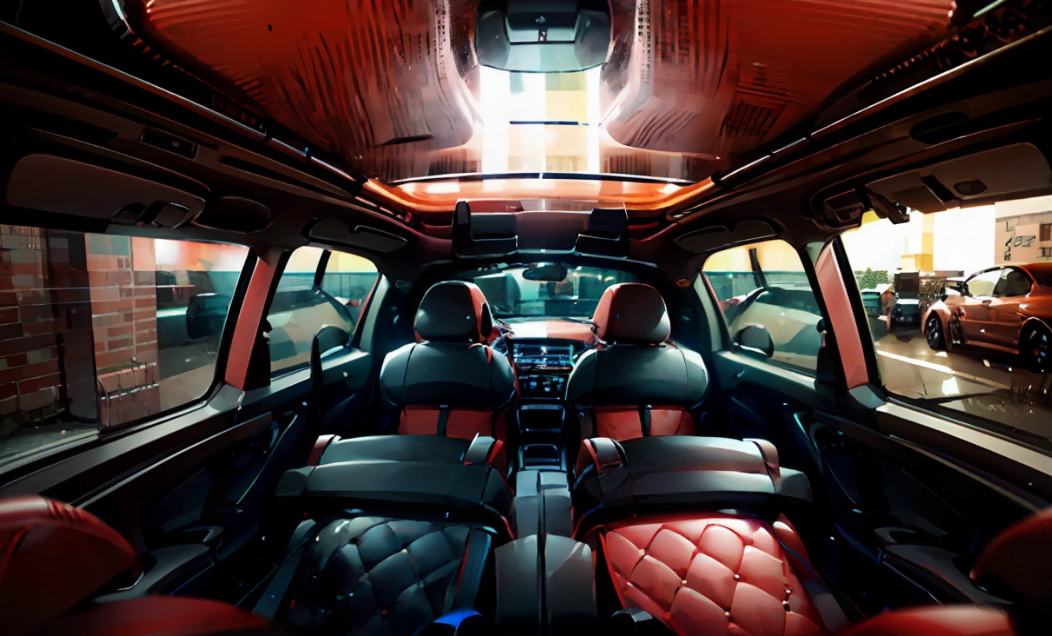 a view of a car with a tv and a table in the back, high end interior, detailed masterpiece, luxury, inside a grand, inside of a car, leather interior, timeless masterpiece, red leather interior, a stunning masterpiece, masterpiece work of art, extreme quality masterpiece, stunning masterpiece, majestic masterpiece, immaculately detailed, bright light masterpiece