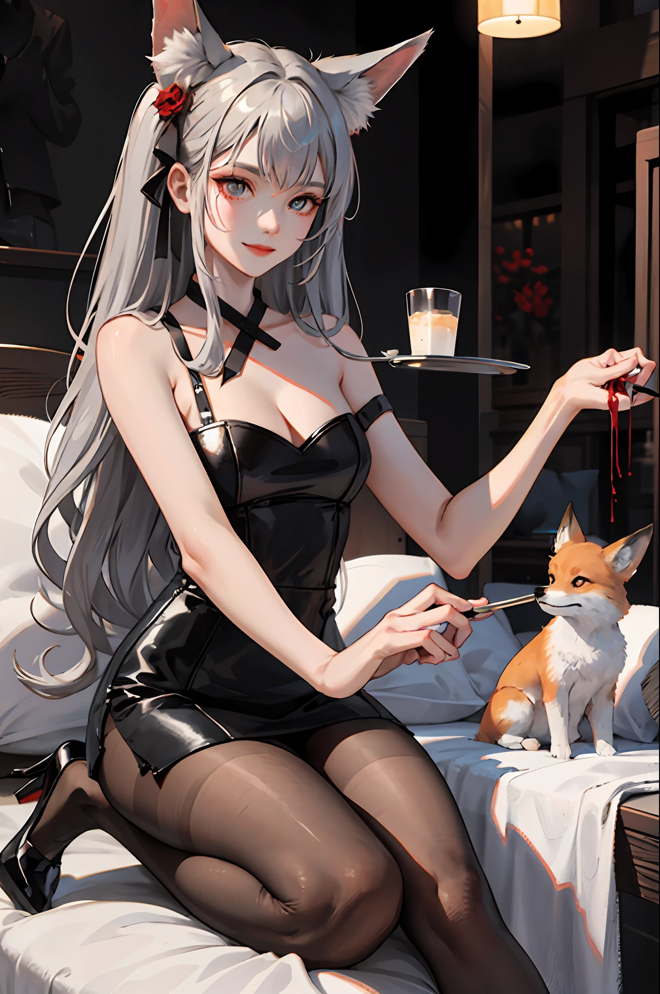 (The Masterpiece:1.2, Need), (realphoto, Crafted with great care), 独奏, 1lady,gray haired,slong hair,Red pupils,Evil smiled,frongs,Fox ears,Foxtail,black pantyhose,High-heeledshoes