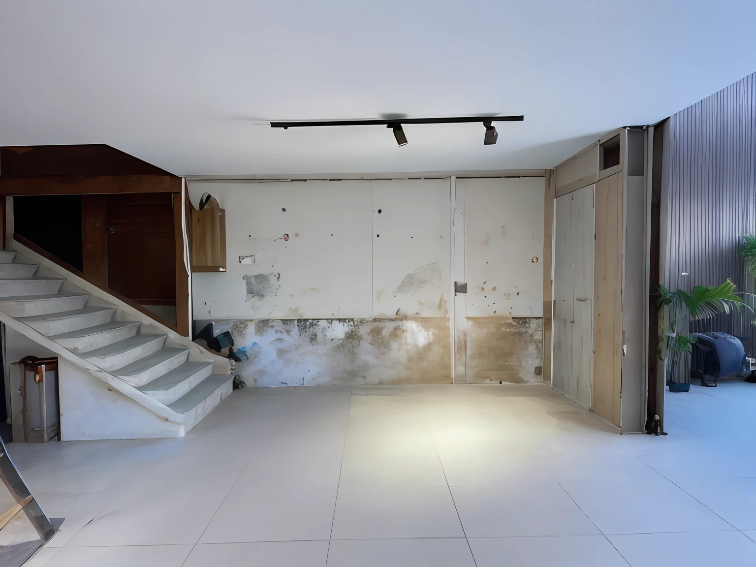 there is a room with a staircase and a wall with mold, the backrooms are empty, photo from 2022, an empty liminal space, completely filled space, photo taken in 2 0 2 0, living room with split levels, sparse room, 2 5 6 x 2 5 6, 256x256, tv wall decoration with cabinet, generate wall decoration with cabinet, realistic, modern, books, tv unit in the center