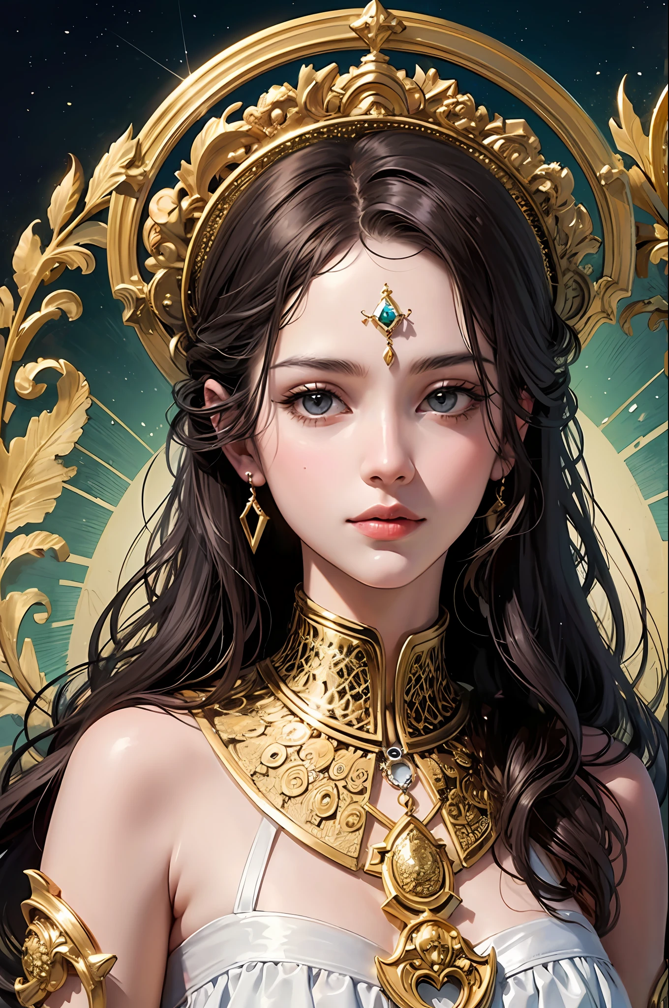 (masterpiece, top quality, best quality, official art, beautiful and aesthetic:1.2), (1girl), extreme detailed,colorful,highest detailed, official art, unity 8k wallpaper, ultra detailed, beautiful and aesthetic, beautiful, masterpiece, best quality, (zentangle, mandala, tangle, entangle) ,holy light,gold foil,gold leaf art,glitter drawing, PerfectNwsjMajic