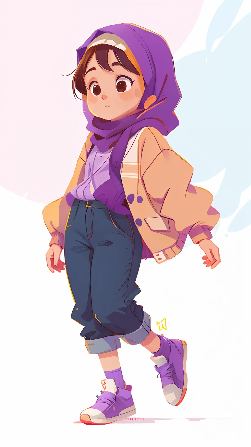 1girl, young hijab girl, casual outfit, purple cardigan, wearing trousers, pinterest ootd, character design, white background, (masterpiece, 8k quality)