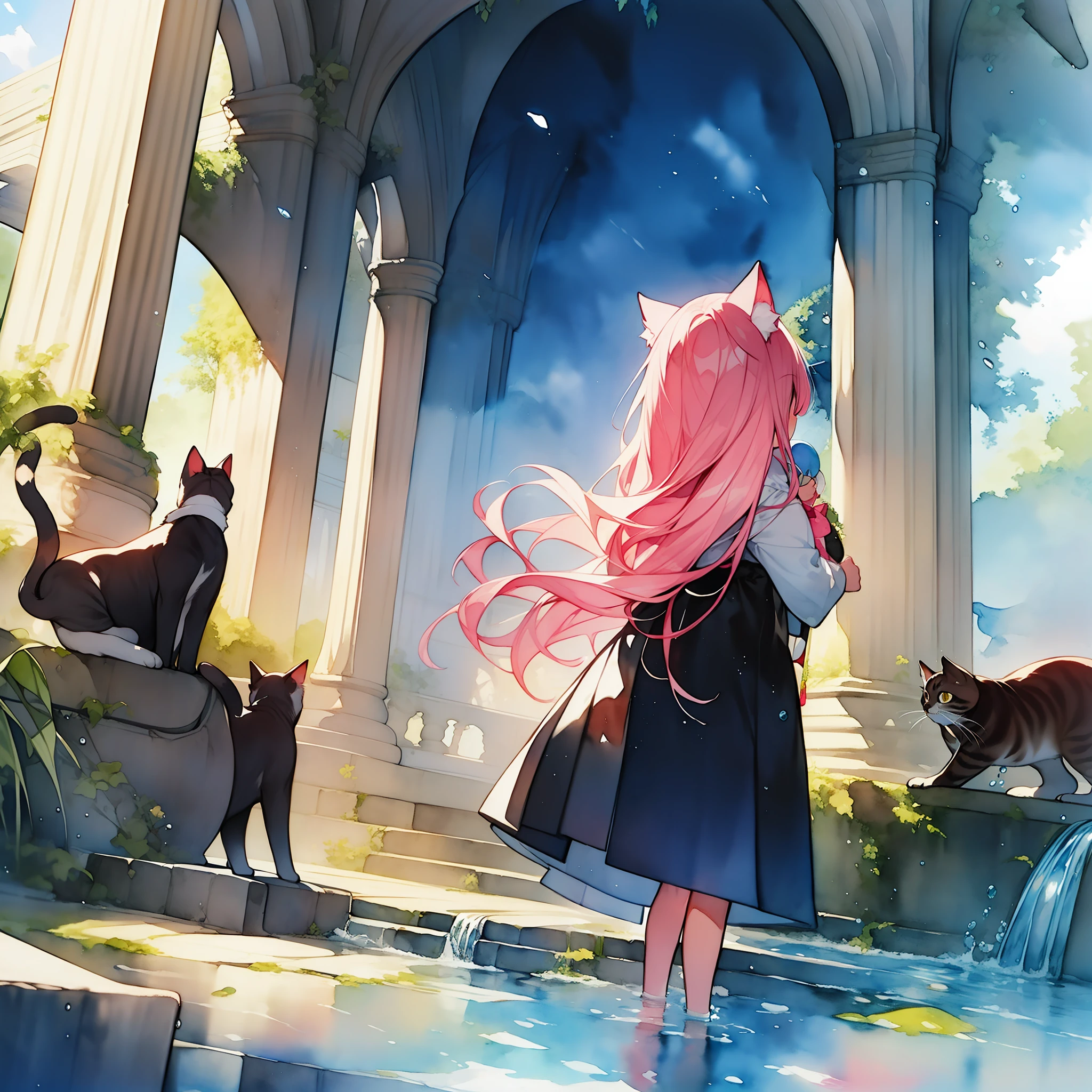 (watercolors:1.2),pink-haired,cat ear,1girls,iridescence,Small skirt,full - body,Character design