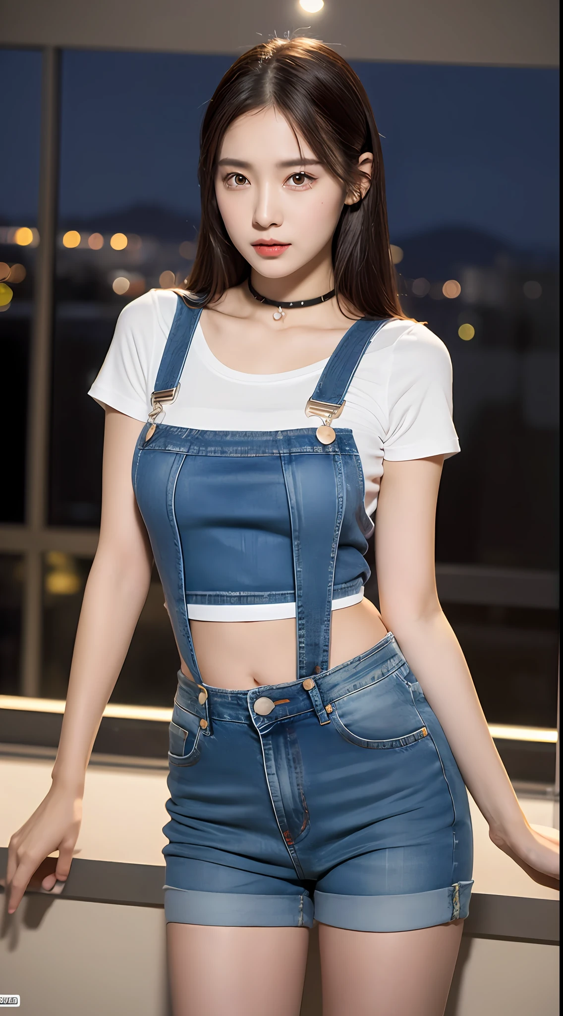 ((midnight, Need, 8k, The Masterpiece:1.3)), full - body, Long legs, Focalors:1.2, perfect figure beautiful woman:1.4, Slim abs:1.1, ((Brunette Hair, big boob:1.2 )), (white tight t-shirt, Denim suspenders, standup:1.2), ((night scene, teto:1.3)), Highly detailed facial and skin texture, detailed eye, Double eyelid