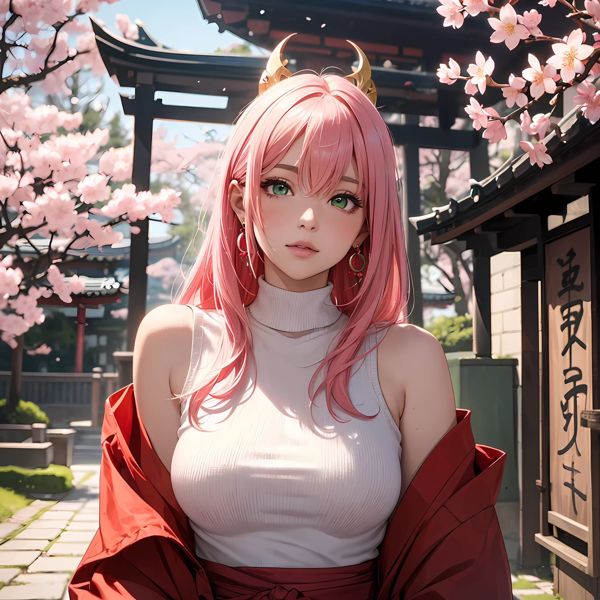 (Masterpiece, Excellent, 1girl, solo, complex details, color difference), realism, ((medium breath)), off-the-shoulders, big breasts, sexy, Yae Miko, long pink hair, red headdress, red highlight, hair above one eye, green eyes, earrings, sharp eyes, perfectly symmetrical figure, choker, neon shirt, open jacket, turtleneck sweater, against the wall, brick wall, graffiti, dim lighting, alley, looking at the audience, ((mean, seductive, charming)), ((cherry blossom background ))),((Japanese temple background)))), (((Glow-in-the-dark background))) --auto