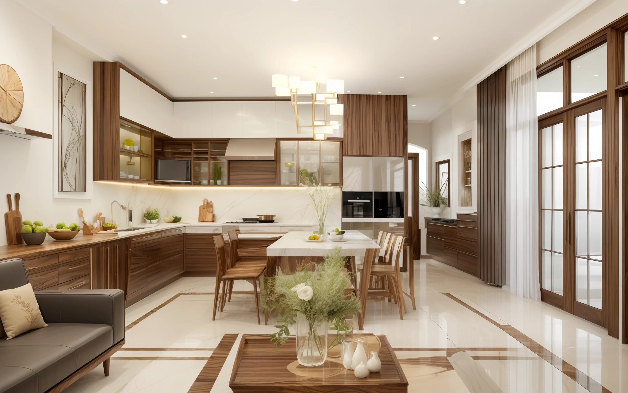 "(kitchen design)+[natural lighting:1.2], (walnut wood panel:1.1), minimalist, sleek, modern, (white acrylic panel:1.1), elegant ambiance, sophisticated, inviting atmosphere."