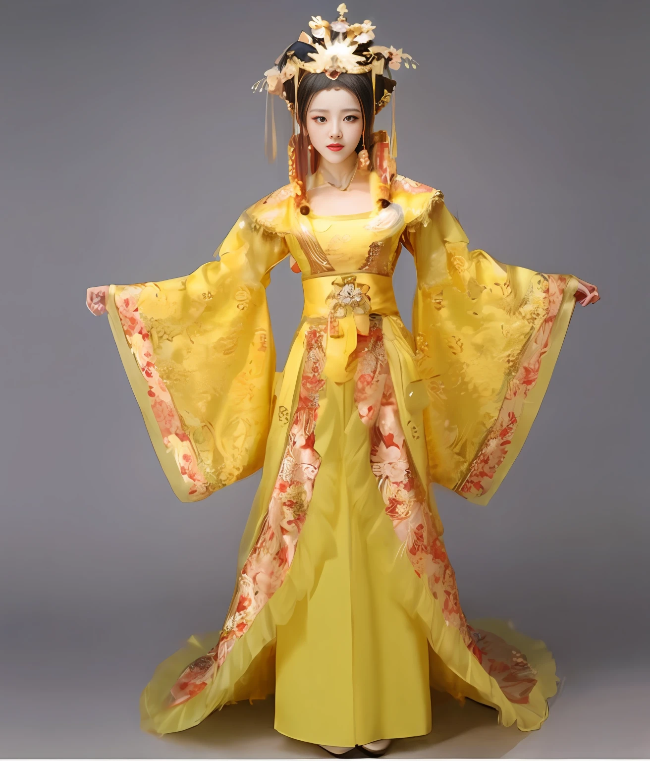 A full-length portrait of a majestic Chinese empress of the Tang Dynasty，Character design style，The face has a complex Tang dynasty-style makeup，Gorgeous costumes with intricate gold patterns，With a huge headdress, a beautiful fantasy empress, Beautiful rendering of the Tang Dynasty, Traditional Chinese clothing, Inspired by the Tang Dynasty, The costumes are intricate and gorgeous，The clothes have a gold pattern， 3D, 8K，ultra-details，3D rendered character art