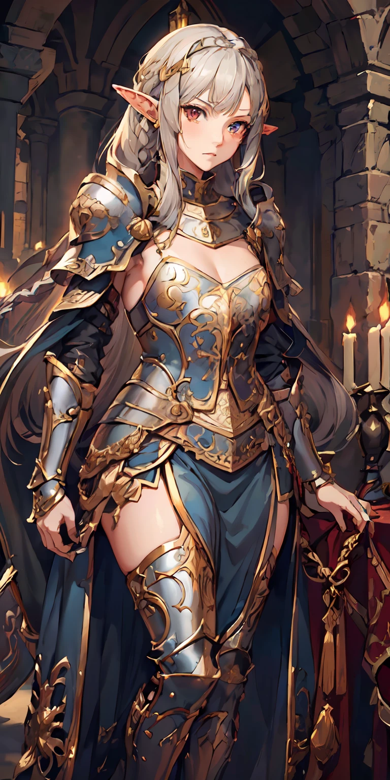 (photorealistic:1.2), (full plate gothic armor, breastplate, blue cape, long full skirt, covered legs ), detailed vibrant eyes, Perfect features, (masterpiece), (best quality:1.4), intricate details, moist skin, shiny skin, glossy skin, (masterpiece, best quality, good quality:1.4), intricate details, (detailed background, medieval town, blue sky), (cinematic lighting, best illumination, colorful), (1girl, solo, elf girl, glowing red eyes, short braided hair, silver hair, elven_ears, sharp face, serious face, thicc_thighs, big ass, very wide hip, small breasts, stern look, lean body, perfect hand, tall, gold hair ornament), hands crossed, looking at viewer