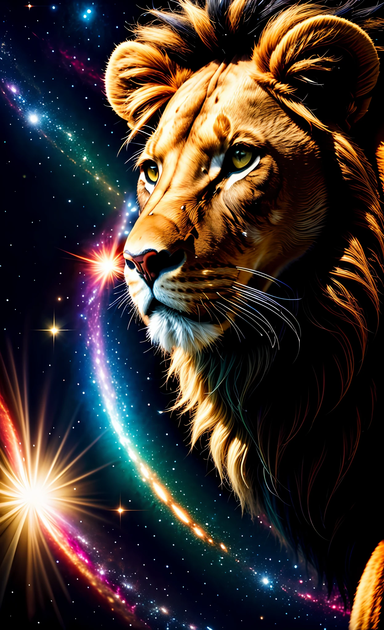 a photograph Galaxies, spirals, space, nebulae, stars, smoke, iridescent, intricate detail, in the shape of a lion, octane rendering, 8k hyper realistic, realistic texture, unreal natural lighting engine, cinestill 800, (35mm lens)