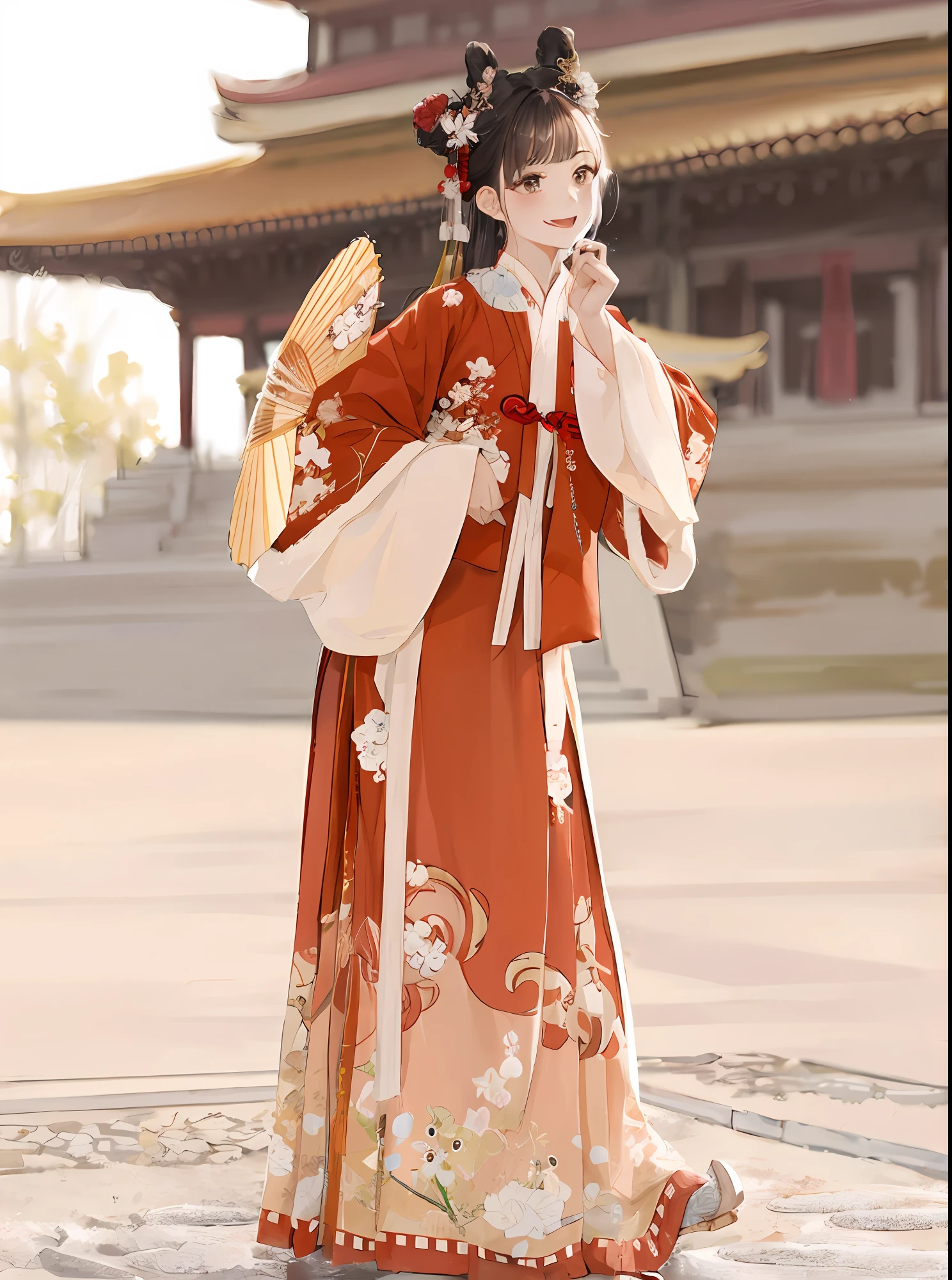 araffe woman in a traditional chinese dress holding a fan, Hanfu, royal palace ， A girl in Hanfu, wearing ancient Chinese clothing, Traditional Chinese clothing, White Hanfu, with acient chinese clothes, Chinese costume, traditional chinese, red kimono with flower patterns, Chinese dress, classic kimono, ancient chinese princess, traditional outfit, inspired by Yun Shouping