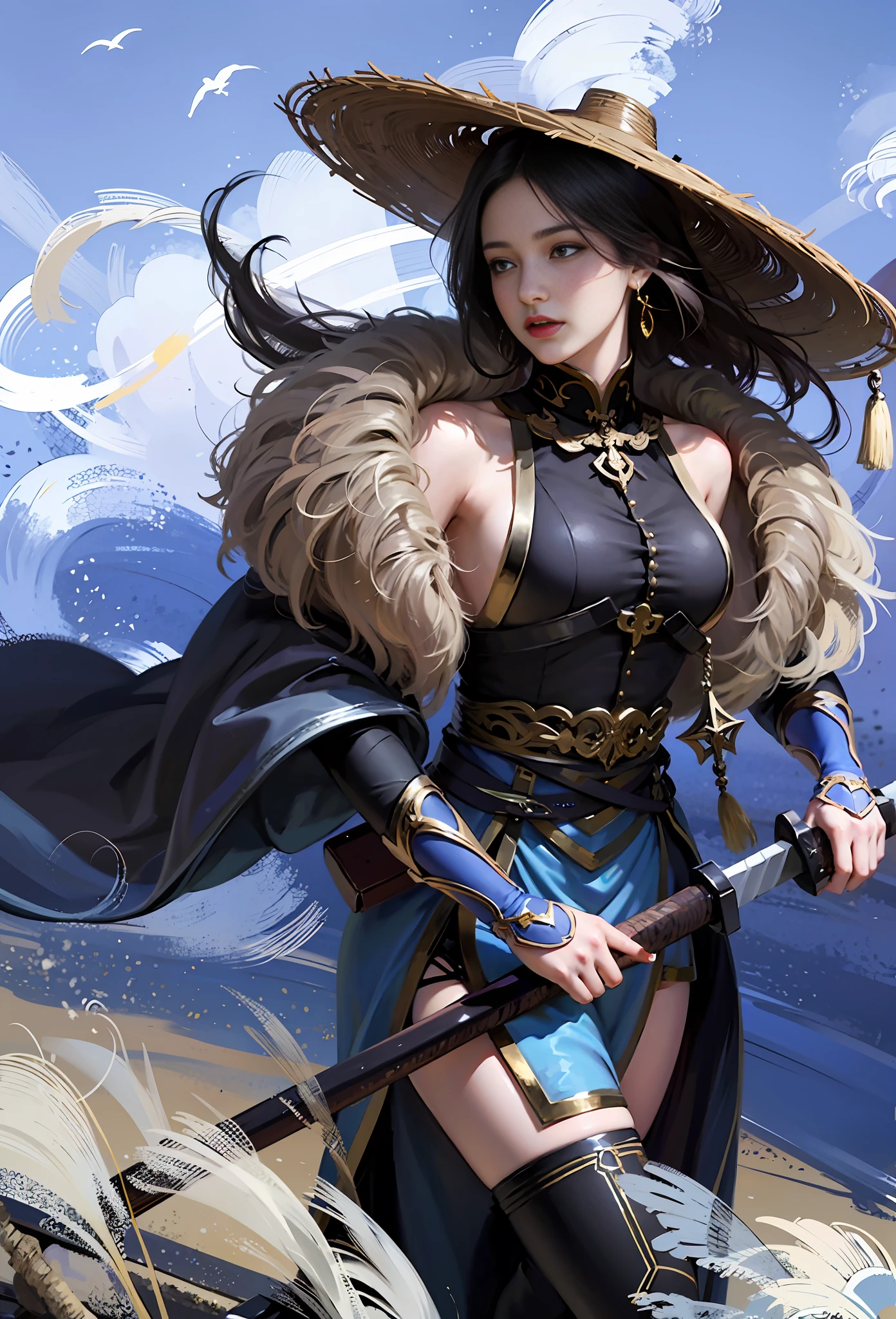 Perfect face,Perfect facial features,Chinese Beauty,1 girl dressed like moving Dragon Gate flying sword, Ancient Chinese fortress background, Walls, promontory, A desert, nevando, shaggy_topwear, shaggy_Cloak, nevando, Linen_Dresses, of bamboo_wearing a hat, The Masterpiece, best qulity, 8K, Lifelike,Original art of the game, Fairy style female, Beautiful female all, exquisite facial features, Exquisite clothing details, Slim figure, gigantic chest, Wear a cloak on your head, Heavy makeup, lipstick, eye make up, Well-structured facial features, The right light and shadow, Extremely high detail, metal decoration, Reasonable and correct fabric wrinkles, Beautiful hands, Anatomically correct hand, Light and shadow rendering, concept arts, Beautiful woman, Holy, ((((((character design sheet))))), High Picture Quality, Light, Extreme detail ((high quallity)), a beautifu, Chinese style, (Delicate facial features), A sword in your hand, Brunette hair, Moles under the eyes, ((realistness)), back lit, (high quallity), Ultra HDR, texture skin, high quallity, high-detail, best qulity, high - resolution, 1080p --auto