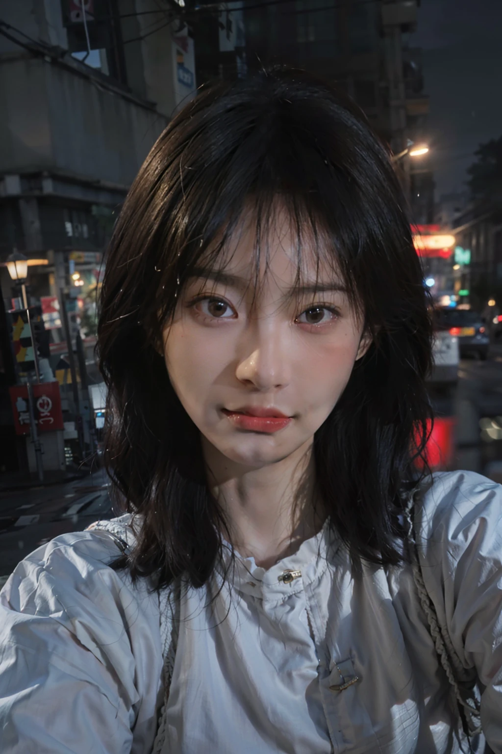 8K, OriginalPhotographs, Best quality, Realistic, photo-realistic,kawaii,cityscape scenery,Night,Rain,Wet,Professional lighting,Photonic mapping,radiosity,8K,best qulity,The Masterpiece,ultra-highresolution,(Realism:1.4),OriginalPhotographs,(True skin texture:1.3),(filmgrain:1.3),(Selfie angle),1girl with big breasts,Beautiful eye and face details,The Masterpiece,the best qualityt,close-up of the private parts,Upper Bust,Movie close-up,Face details,Face natural,Eye makeup is natural
