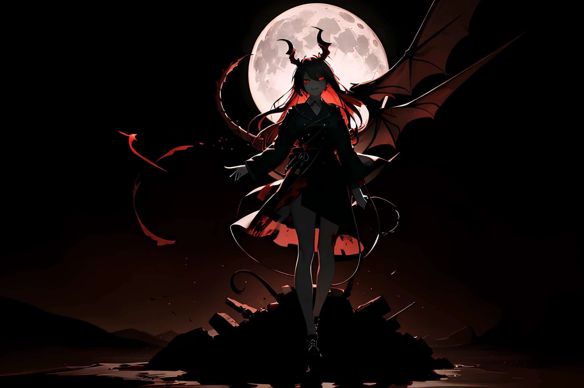 1girls，fang，  devil horns， Blood on the face， Blood rain， Blood mist，wicked smile， mature，Blood，Blood magic ，red long hair， Night， ruins， night  sky， Moon，Dragon's horn，Seven tails，Volumetriclighting， Dynamic lighting， Dynamic composition， glint， Caustics， sub-surface Scattering， （The Masterpiece， best qulity， hyper detailed， best shadow）， high-contrast， （Optimal Lighting， Extremely refined and beautiful）， （（Cinematic Light））， rich color， ultra-details， Dramatic light， intricatedetail， Stunning gradients， No watermark signature， （detailedbackground）， （hyper detailed）， （best shadow：1.1）+，（high-contrast）+++，（Optimal Lighting)，(full - body)， (Seven tails)+++++