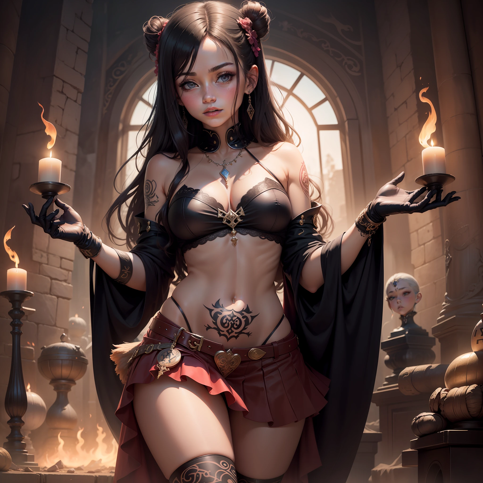 "1 girl casting a spell, surrounded by intricate magic runes, wearing a flowing skirt, adorned with gloves, a tattoo, and blushing cheeks, with thigh-highs."