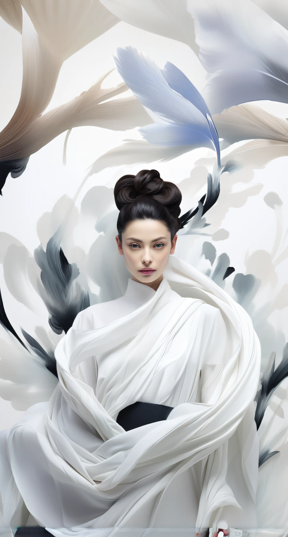 there is a woman with a white dress and black hair, jingna zhang, flowing white robes, inspired by Gao Fenghan, inspired by Otake Chikuha, inspired by Ai Xuan, inspired by Gao Cen, inspired by Gao Qipei, inspired by Gao Xiang, Wearing white silk, oriental fantasy, inspired by Zhang Yan, inspired by Yuan Jiang
