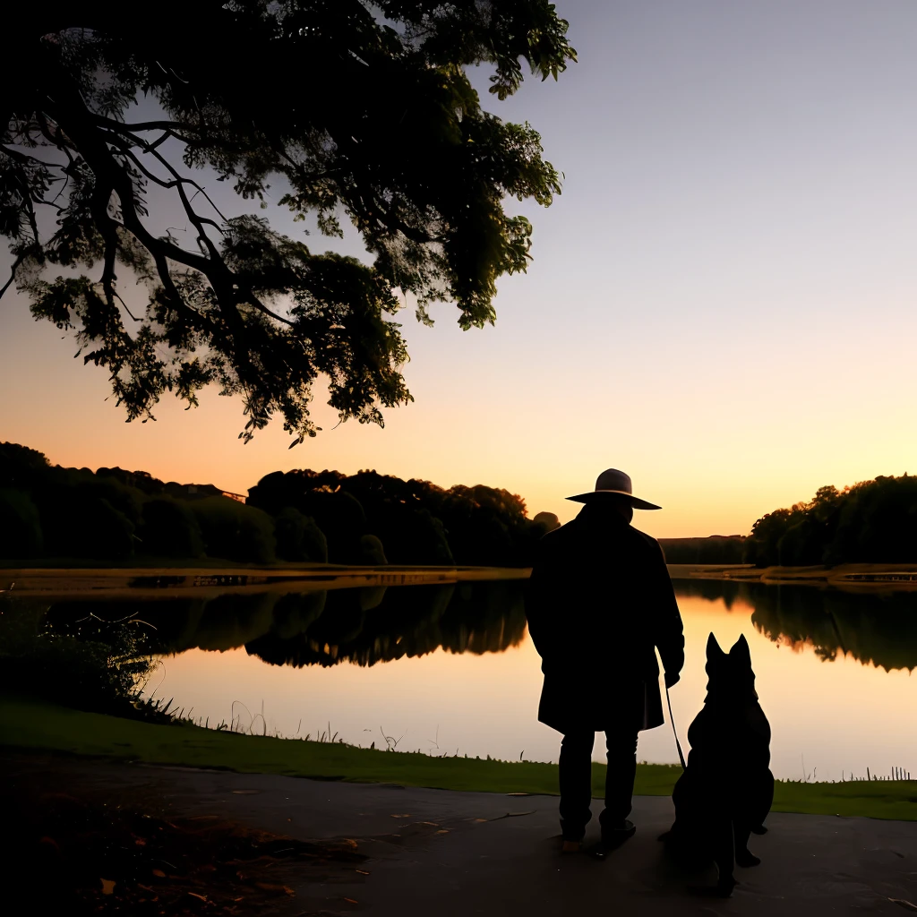 A man and a dog，Dusk by the river