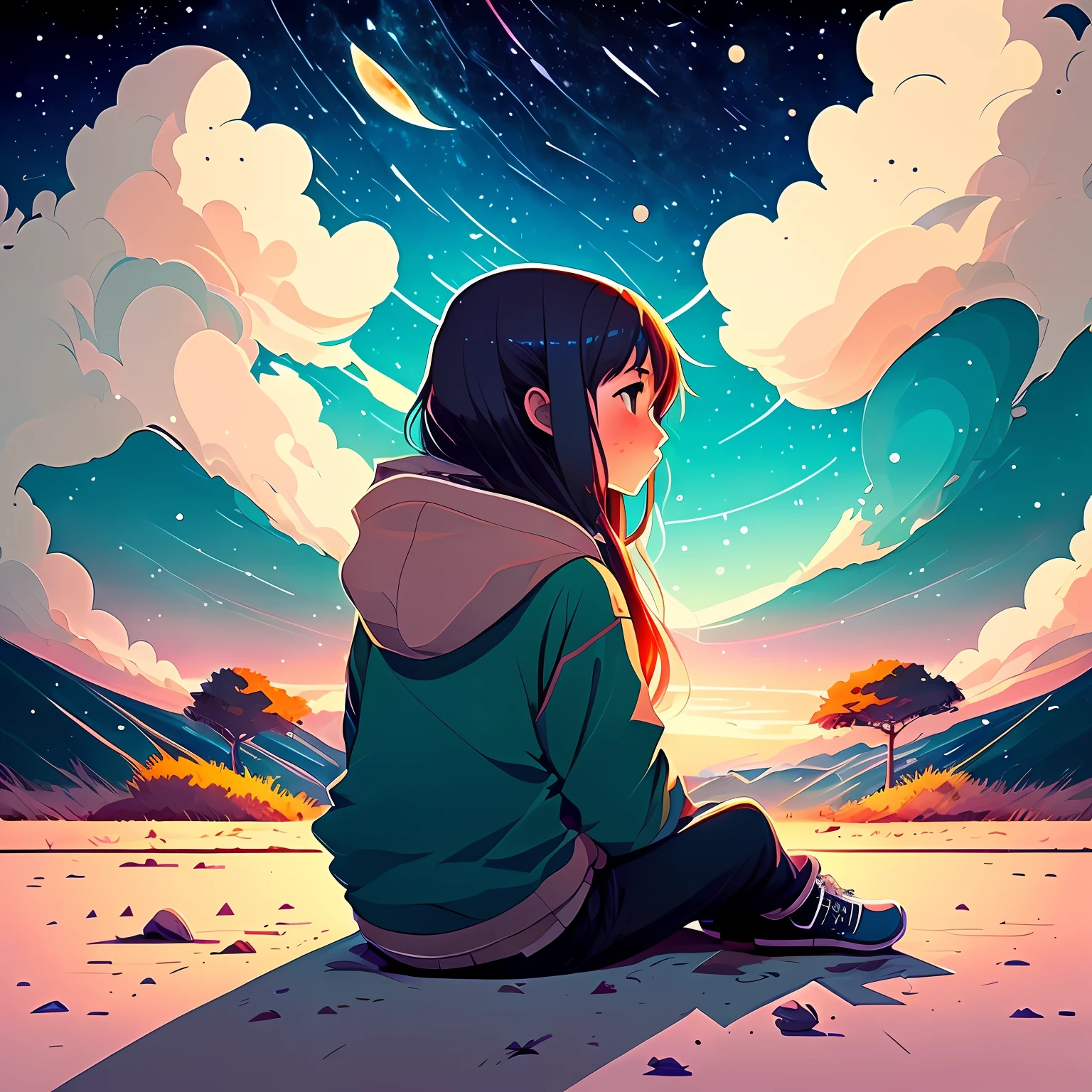 There is a girl with long hair sitting on the ground looking at the sky, makoto shinkai cyril rolando, sitting on the cosmic cloudscape, anime art wallpaper 4k, anime art wallpaper 4k, Anime art wallpaper 8k, 4 k manga wallpaper, makoto shinkai art style, cosmic skies. by makoto shinkai, guweiz and makoto shinkai --auto