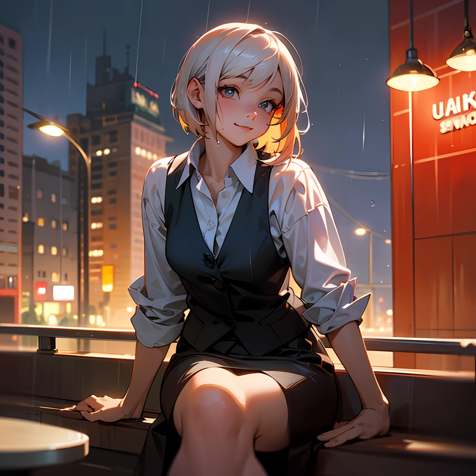 (8k, Best Quality, Masterpiece: 1.2), (Realistic, Realistic: 1.37), Ultra Detailed, 1 Girl, Cute, Solo, Beautiful Detailed Sky, Detailed Cafe, Night, Sitting, Dating, ( red nose), (smile: 1.15), (shut up) small breasts, beautiful and delicate eyes, (collared shirt: 1.1), night, wet, business attire, rain, white lace, (short hair: 1.2), flowing hair NovaFrogStyle, --auto